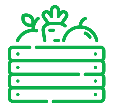 Line drawing of a wooden crate filled with assorted produce, including a carrot, tomato, and an apple.