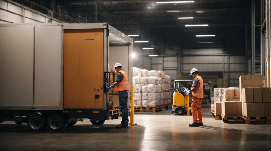 Two workers in safety vests and helmets loading boxes into a refrigerated truck in a warehouse filled with pallets of goods.