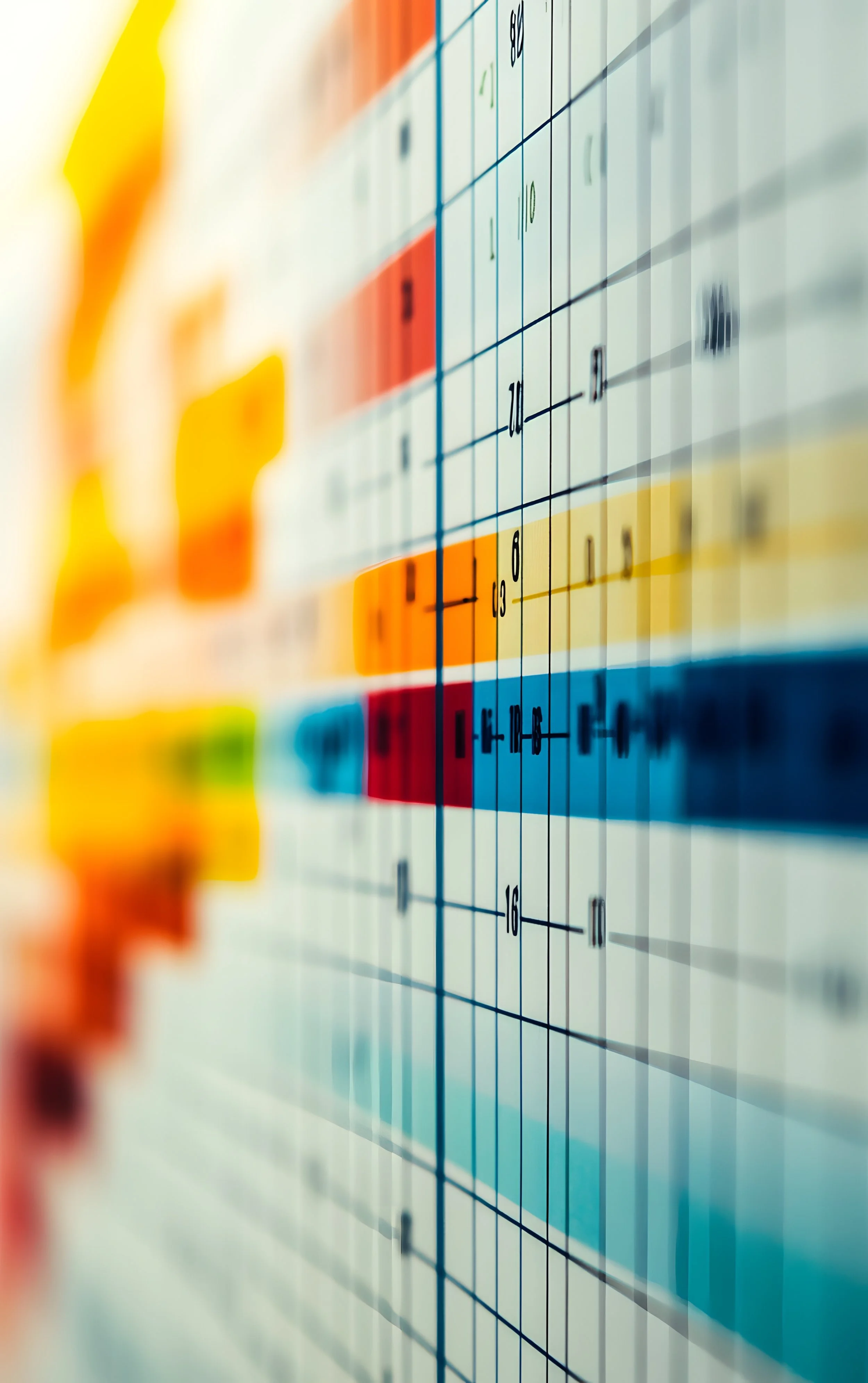 Close-up of a colorful project management Gantt chart with various colored sticky notes or labels on a grid, showing dates and tasks.