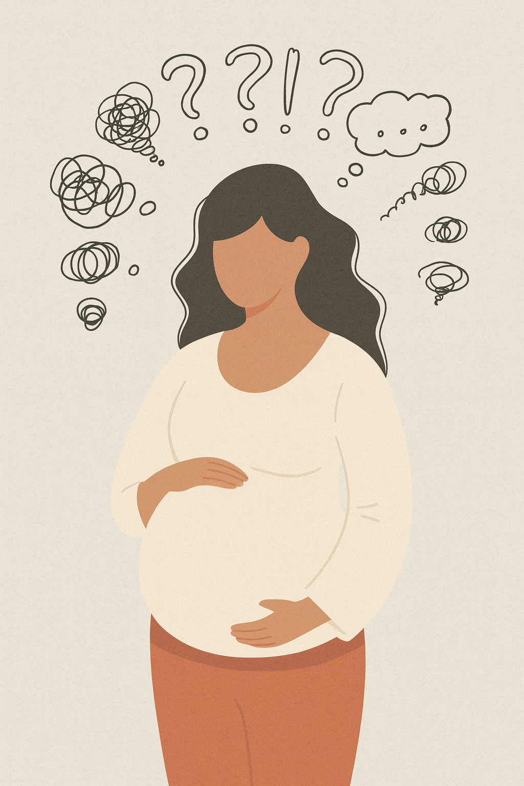 Illustration of a pregnant woman with dark hair, surrounded by thought bubbles with question marks, exclamation points, and scribbles indicating confusion or uncertainty.