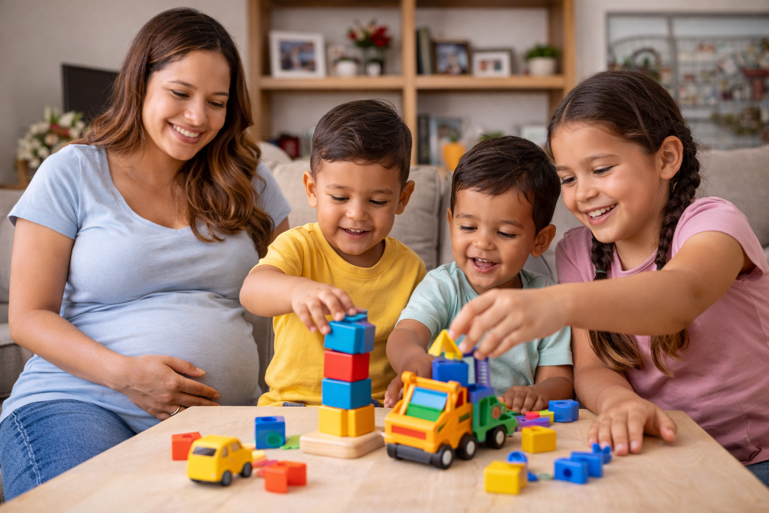 A group of four people, including a pregnant woman and three children, playing with colorful plastic building blocks and toy trucks at a wooden table in a cozy living room.