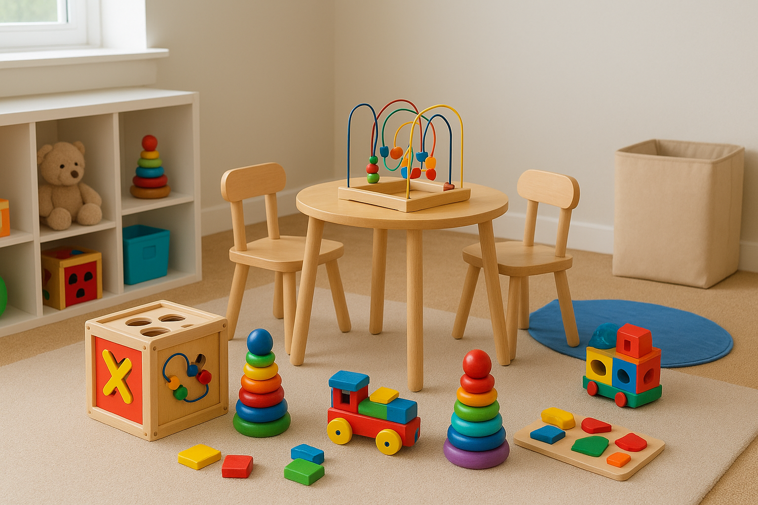 Children's playroom with wooden toys, colorful stacking rings, a bead maze, a stacking cube, a toy train, and other educational toys on beige carpet near a white shelf with a teddy bear and stacking rings, and a beige laundry hamper, with a window in the background.