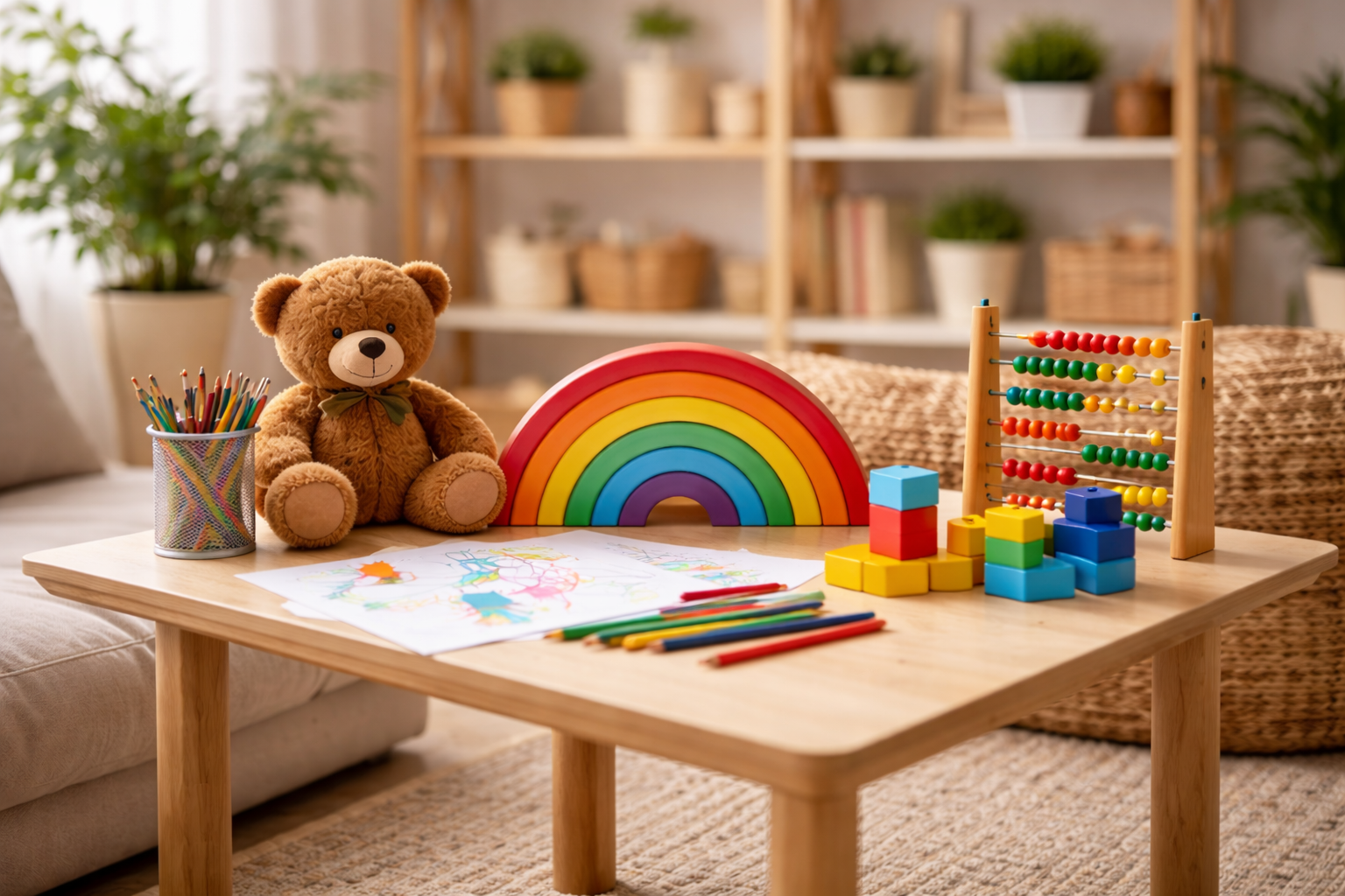 Children's toy table with stuffed teddy bear, colorful art supplies, rainbow model, wooden abacus, and building blocks, in a cozy playroom.