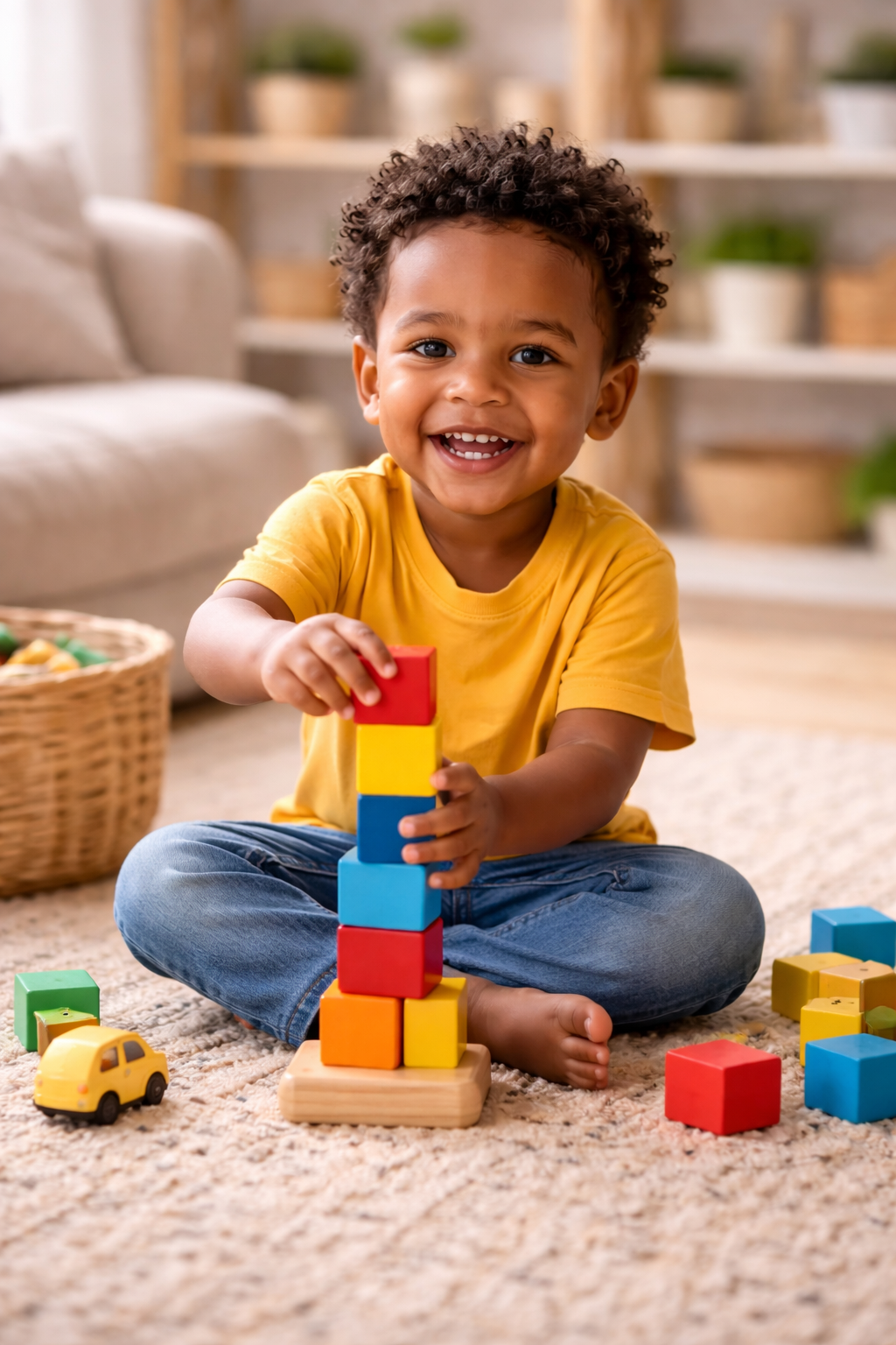 A young boy with curly hair and a yellow t-shirt sitting on a carpeted floor, stacking colorful wooden blocks with a big smile.