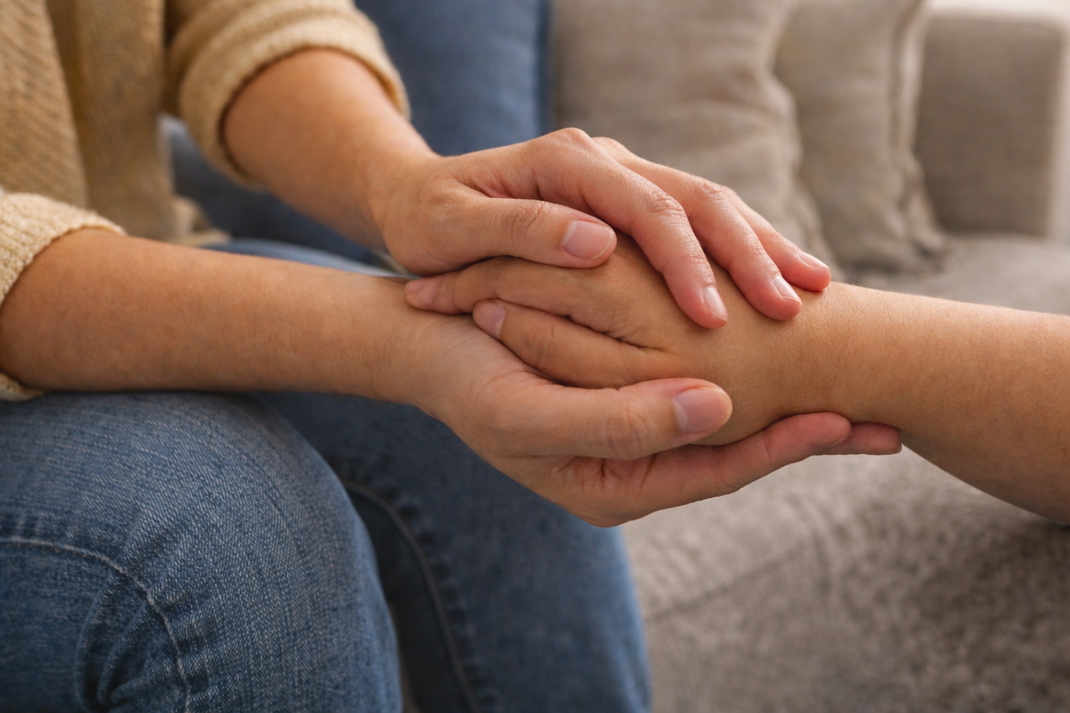 A person giving a comforting hand to another person with both hands on the forearm, sitting on a gray couch.