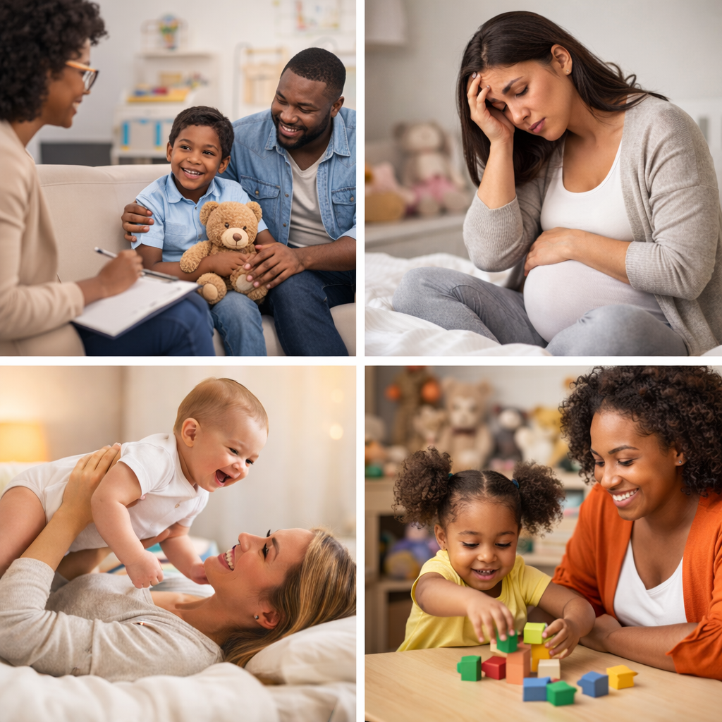 Collage of four images: top left shows a family of three with a counselor, the mother looks stressed; top right shows a pregnant woman holding her head in pain; bottom left features a woman playing with a laughing toddler; bottom right depicts a woman with a child playing with colorful blocks.