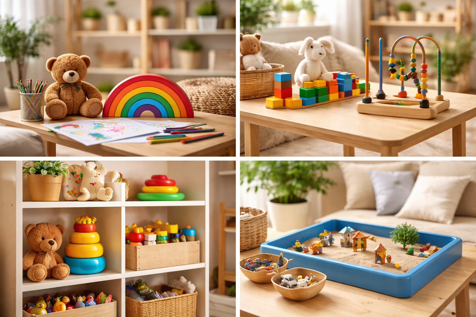 Toys and play area with stuffed animals, building blocks, art supplies, and a sandbox with miniature houses.