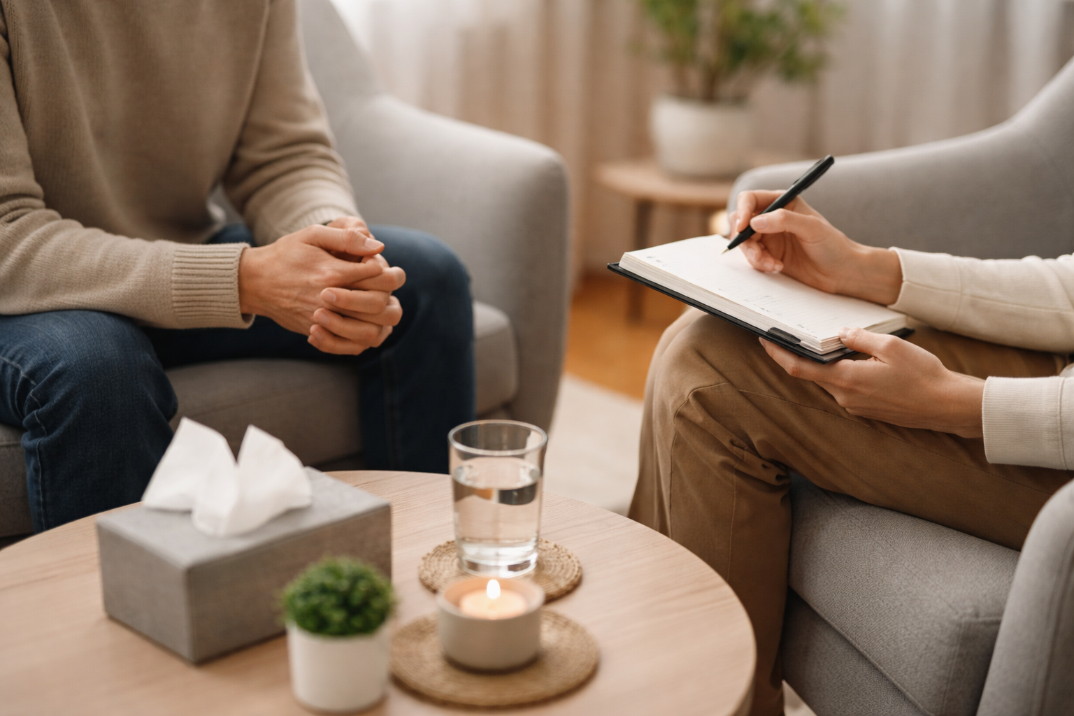 A person in beige sweater and brown pants taking notes with a pen in a notebook during a therapy session with a patient sitting on a gray couch.