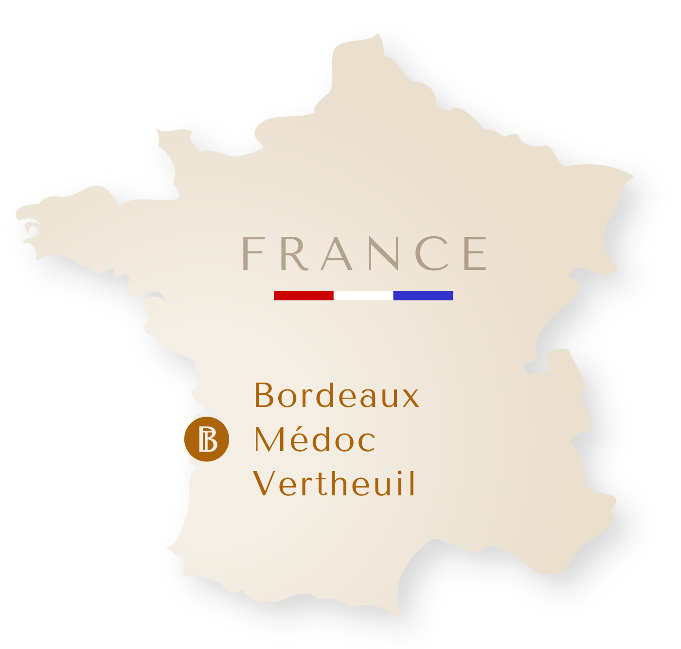 Carte de la France avec le texte 'FRANCE' et un drapeau français. Tonnellerie Bordeaux, Médoc, Vertheuil, avec un logo en forme de 'B' dans un cercle.