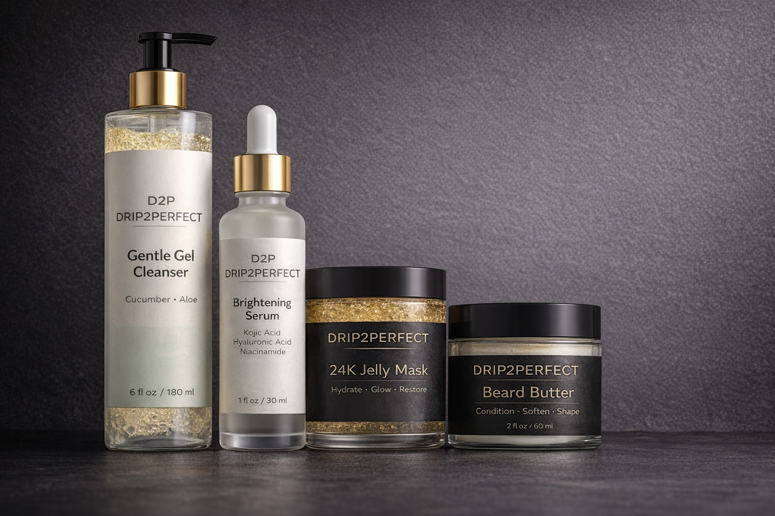 Four skincare products from the brand DRIP2PERFECT on a dark surface against a dark background, including Gentle Gel Cleanser, Brightening Serum, 24K Jelly Mask, and Beard Butter.
