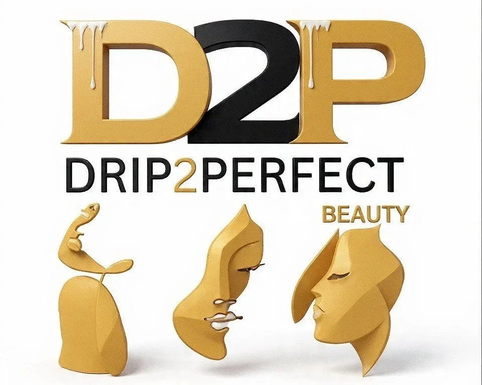 Gold-colored logo with 'D2P' letters, some with drip effects, and the text 'DRIP2PERFECT BEAUTY' beneath. Illustration of stylized gold facial profiles representing beauty.