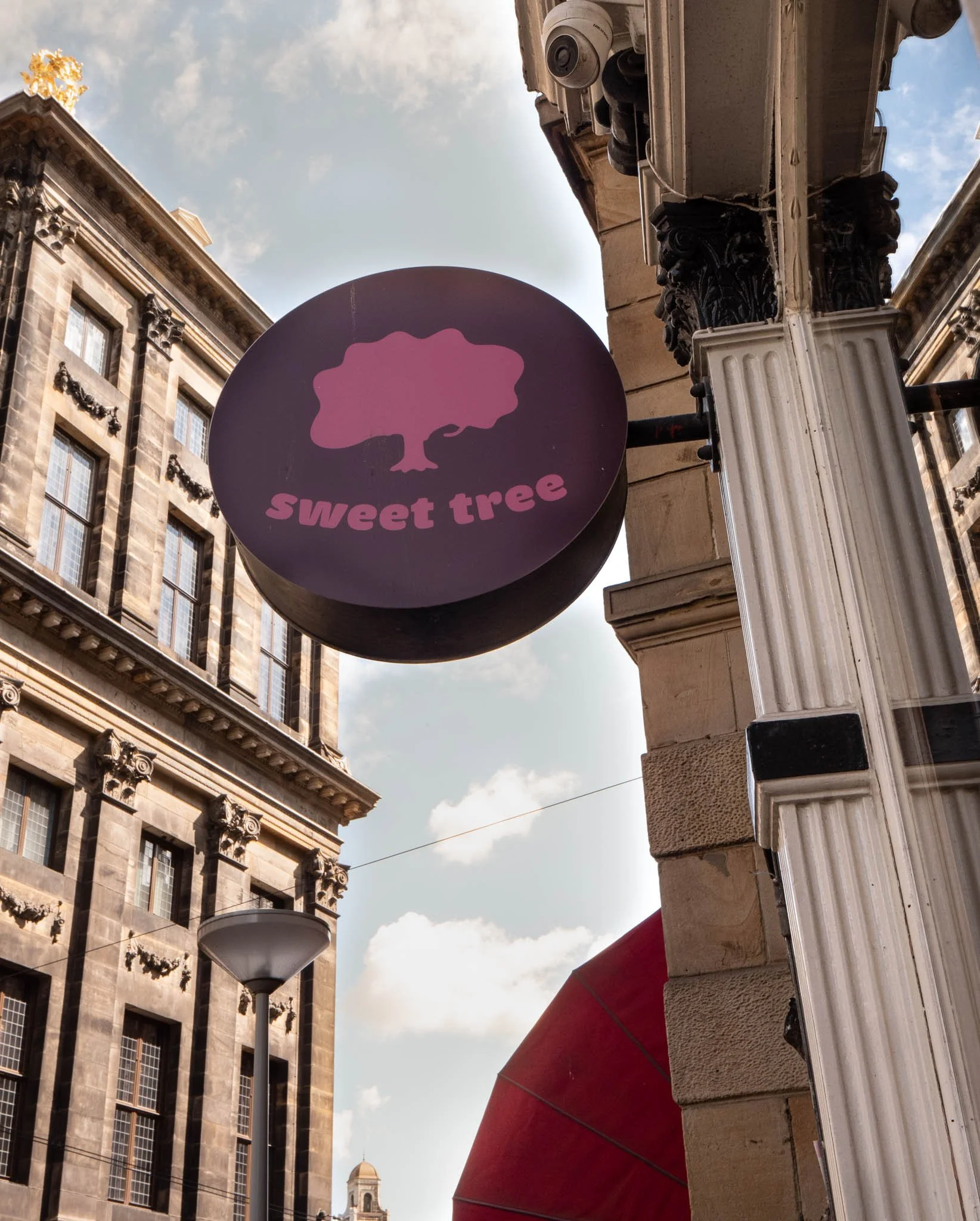 Cartel circular de color morado con una ilustración de un árbol rosa y las palabras 'sweet tree' en letras rosas, colgado en la fachada de un edificio en una calle urbana