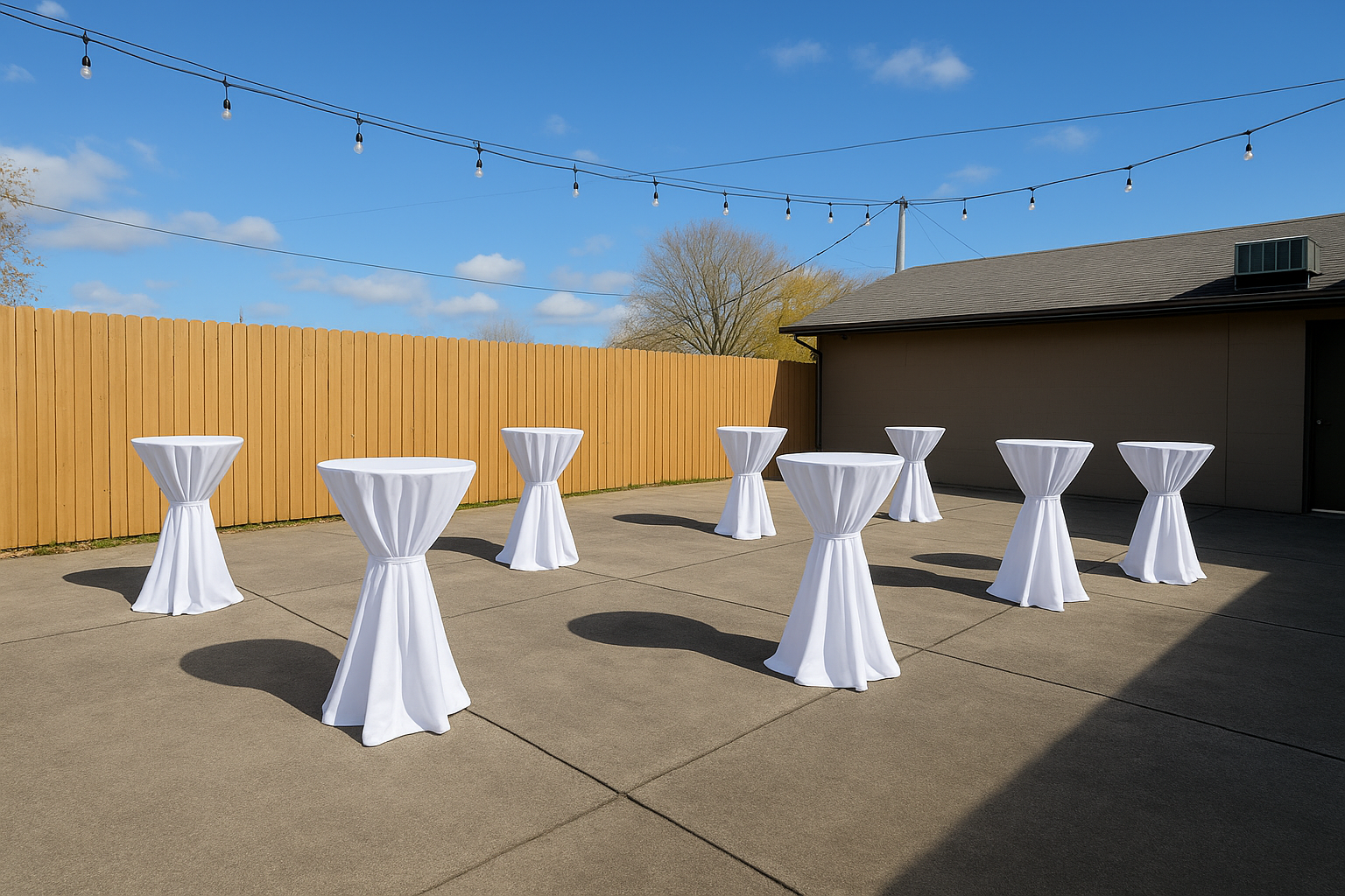 Outdoor patio with high-top tables draped in white cloths, string lights overhead, wooden fence on the left, building on the right, and a large tree in the background under a clear blue sky.