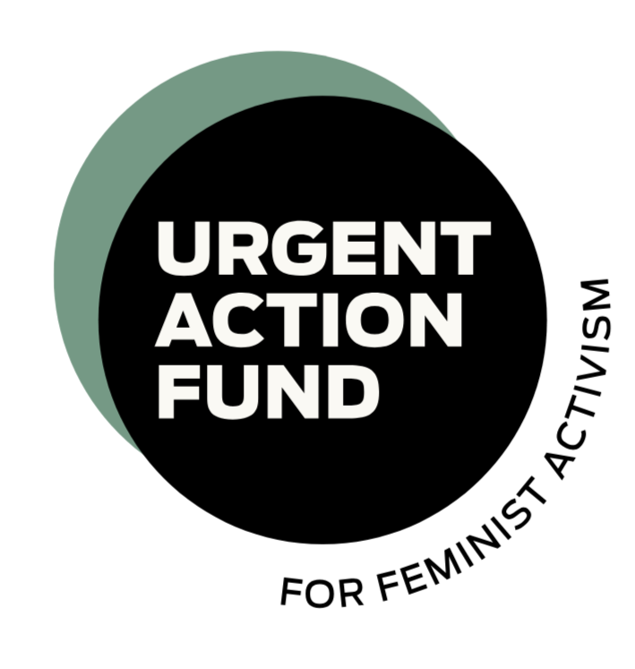 Logo in circular shape and the words 'Urgent Action Fund' in white against a black background.