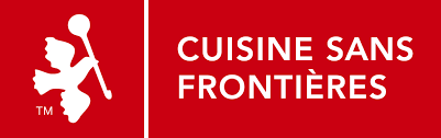 Logo with a dove holding a spoon, and the text 'Cuisine Sans Frontières' on a red background.