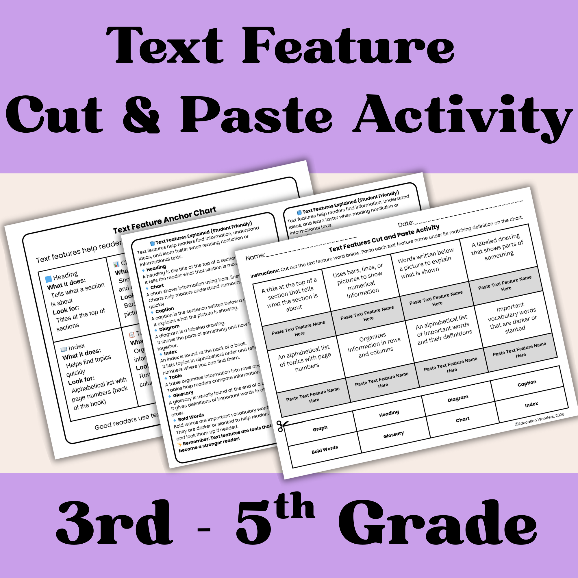 Text Features Cut and Paste Activity Anchor Chart Reading Comprehension Grade 5