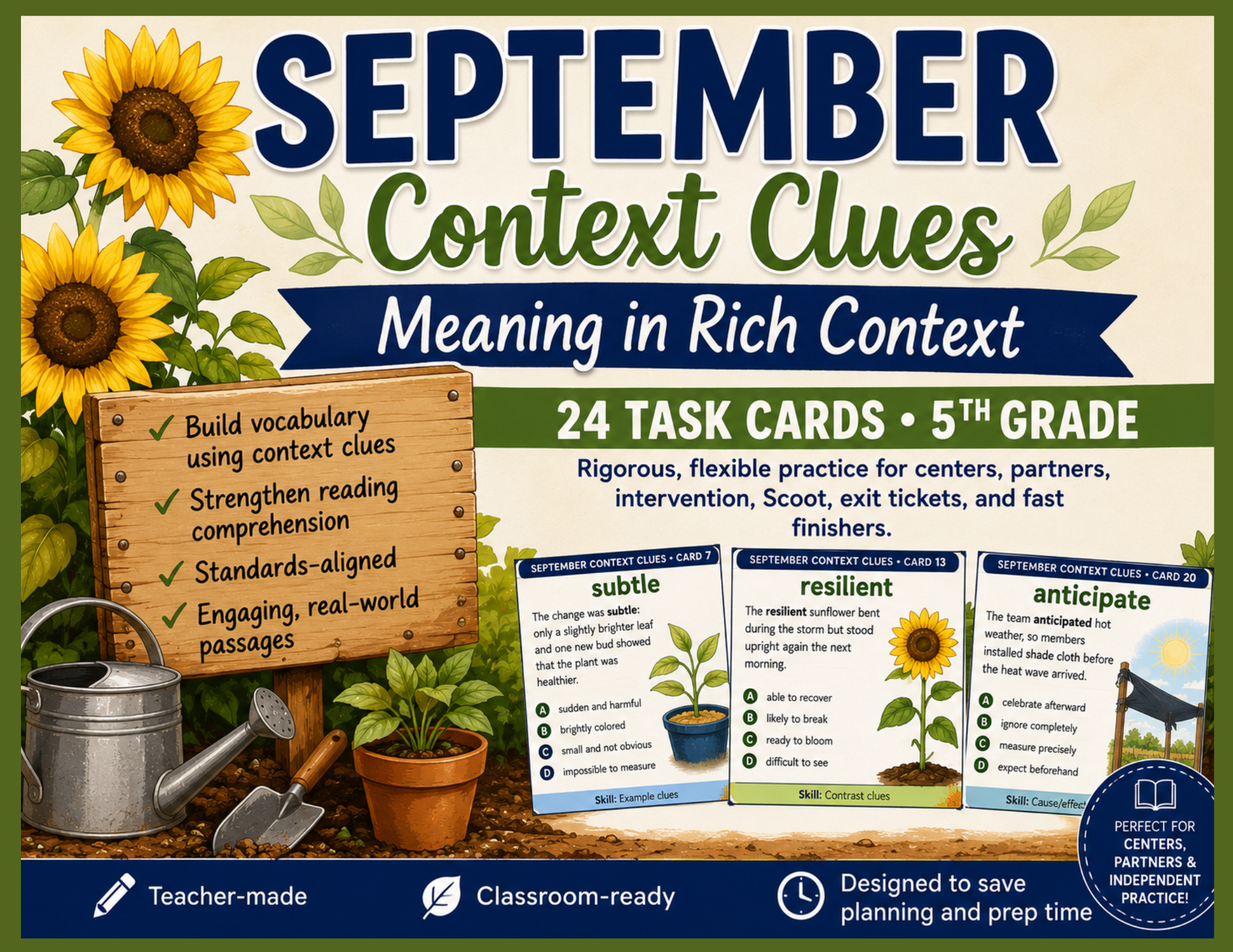 A colorful educational poster about September context clues for 5th grade students, featuring sunflower illustrations, gardening tools, and examples of different types of clues like subtle, resilient, and anticipate, with tips for building vocabulary and strengthening reading comprehension.