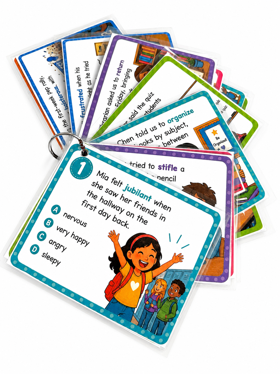 Set of colorful laminated educational flashcards with children and classroom illustrations, attached to a metal ring for easy flipping.