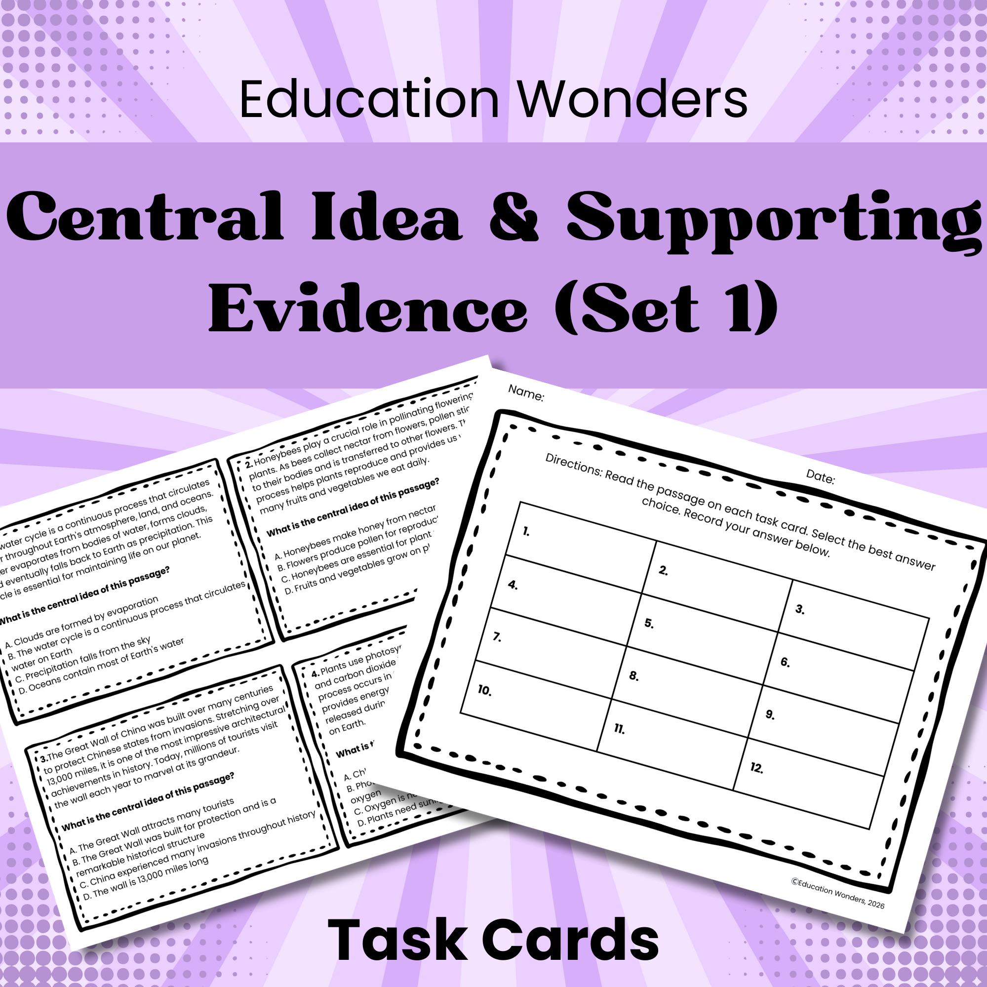 Help your students master the essential reading skill of identifying the central idea and supporting evidence using these engaging, print-and-go task cards! This resource is designed to make a challenging comprehension skill clear, manageable, and ef