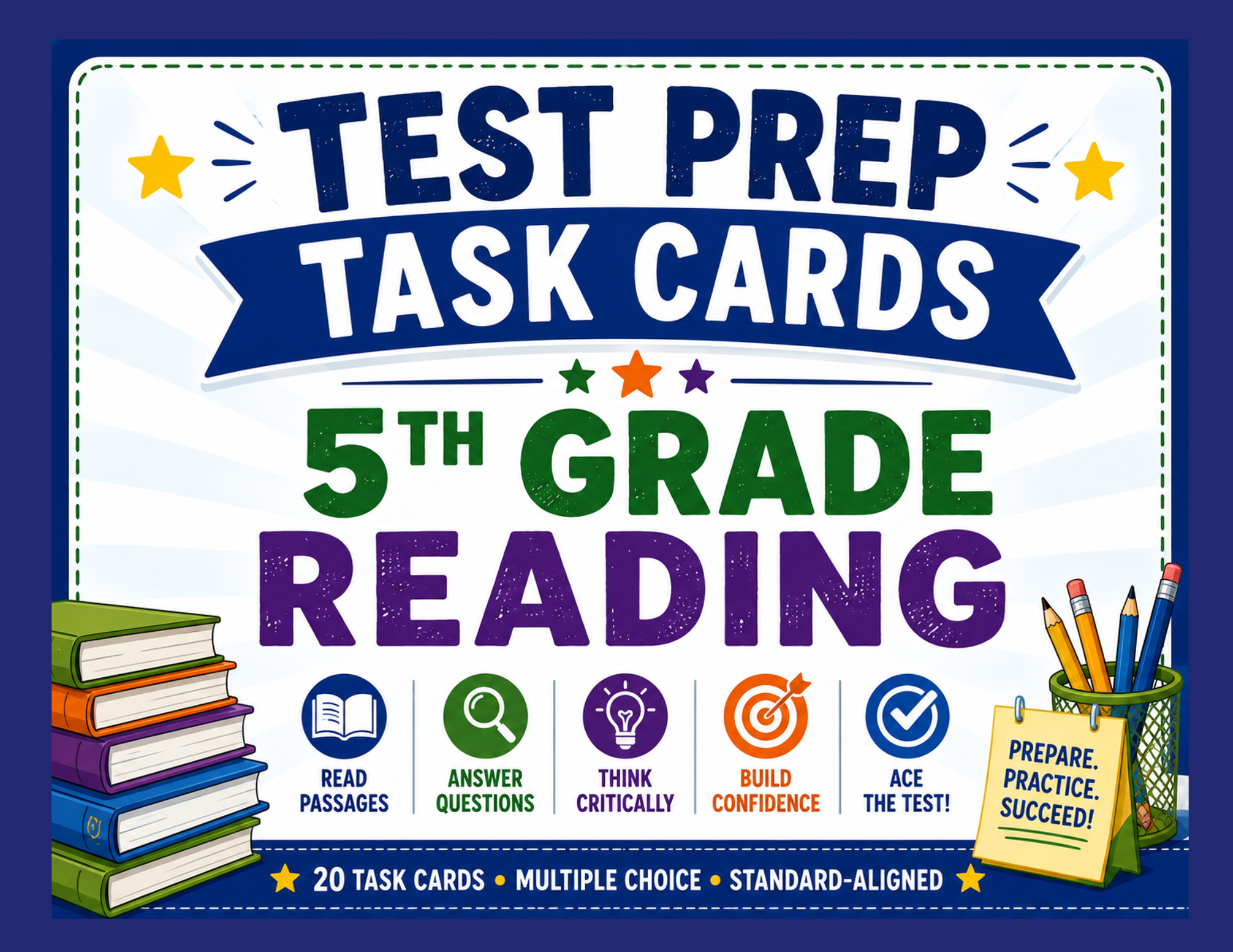 Colorful educational poster about test preparation with task cards. Features a stack of books, icons for reading, answering questions, thinking critically, building confidence, and acing the test. Promotes reading passages, answering questions, think