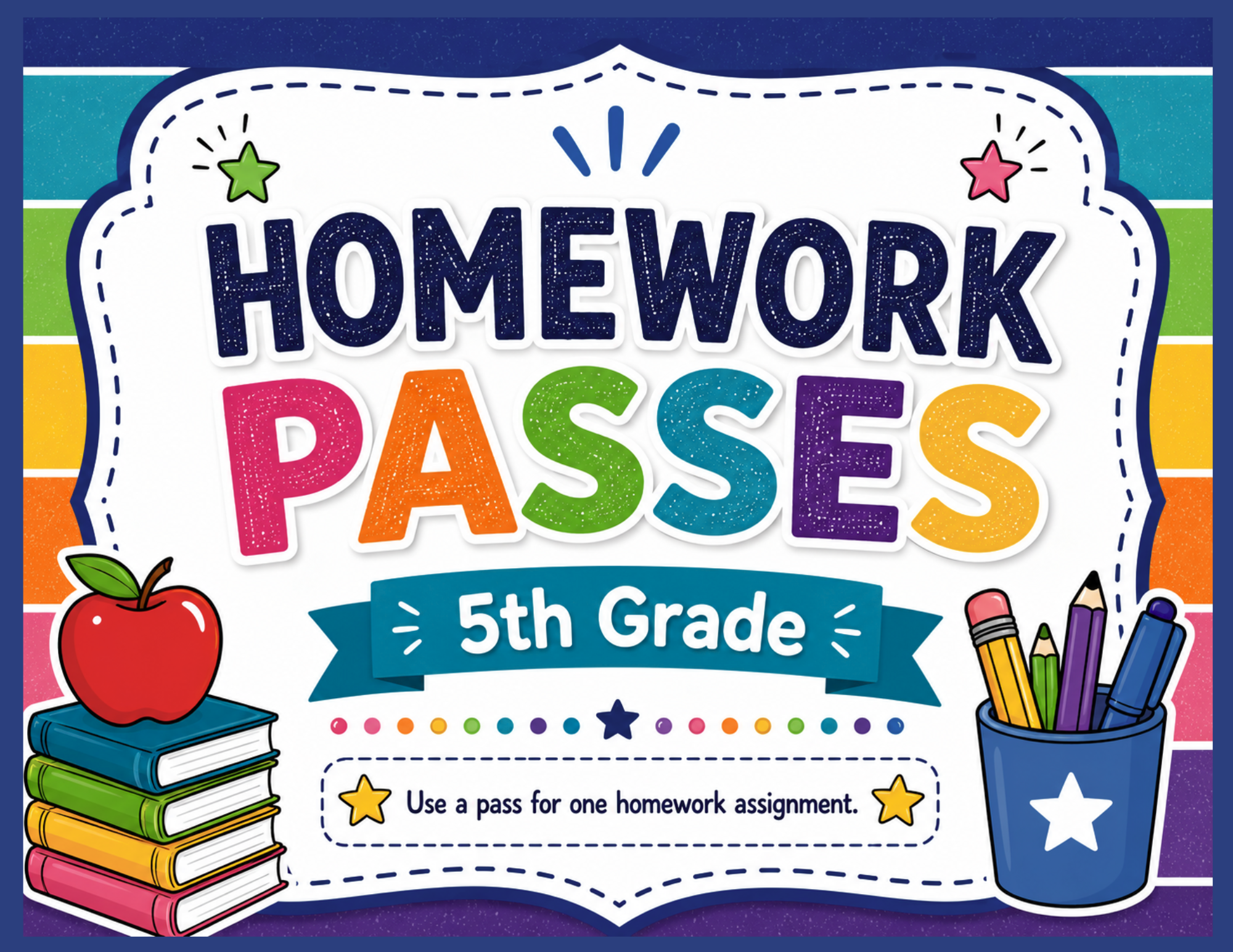 Colorful homework pass for 5th grade with illustrations of a stack of books, an apple, and a container of colored pencils.