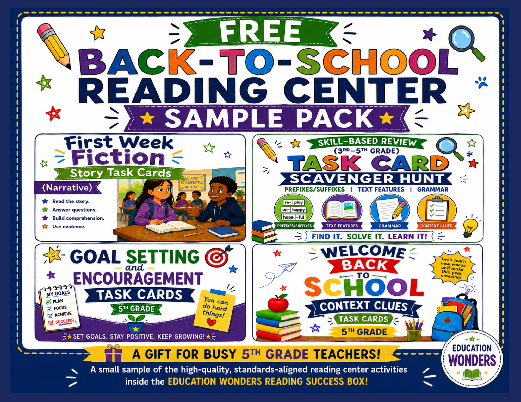 Colorful back-to-school themed educational activity pack cover listing reading, task cards, and skill review activities for 3rd to 5th grade, with illustrations of children and school supplies.