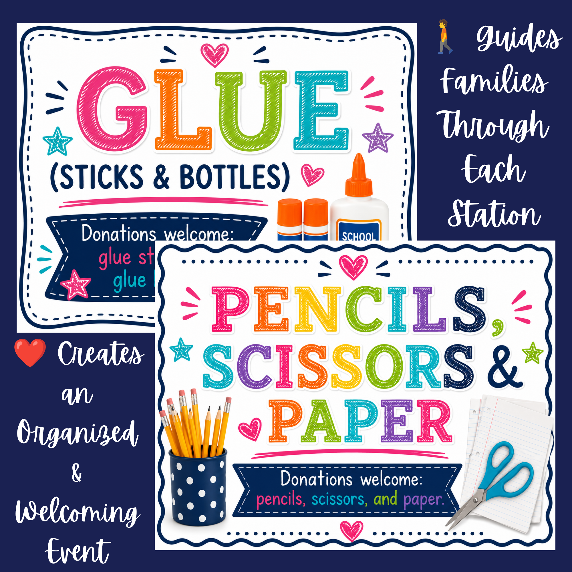 Colorful poster with the title 'GIVE (STICKS & BOTTLES)' promoting a donation station for school supplies, featuring a container of yellow pencils, glue bottles, and scissors, with decorative stars and hearts, and instructions for donations.