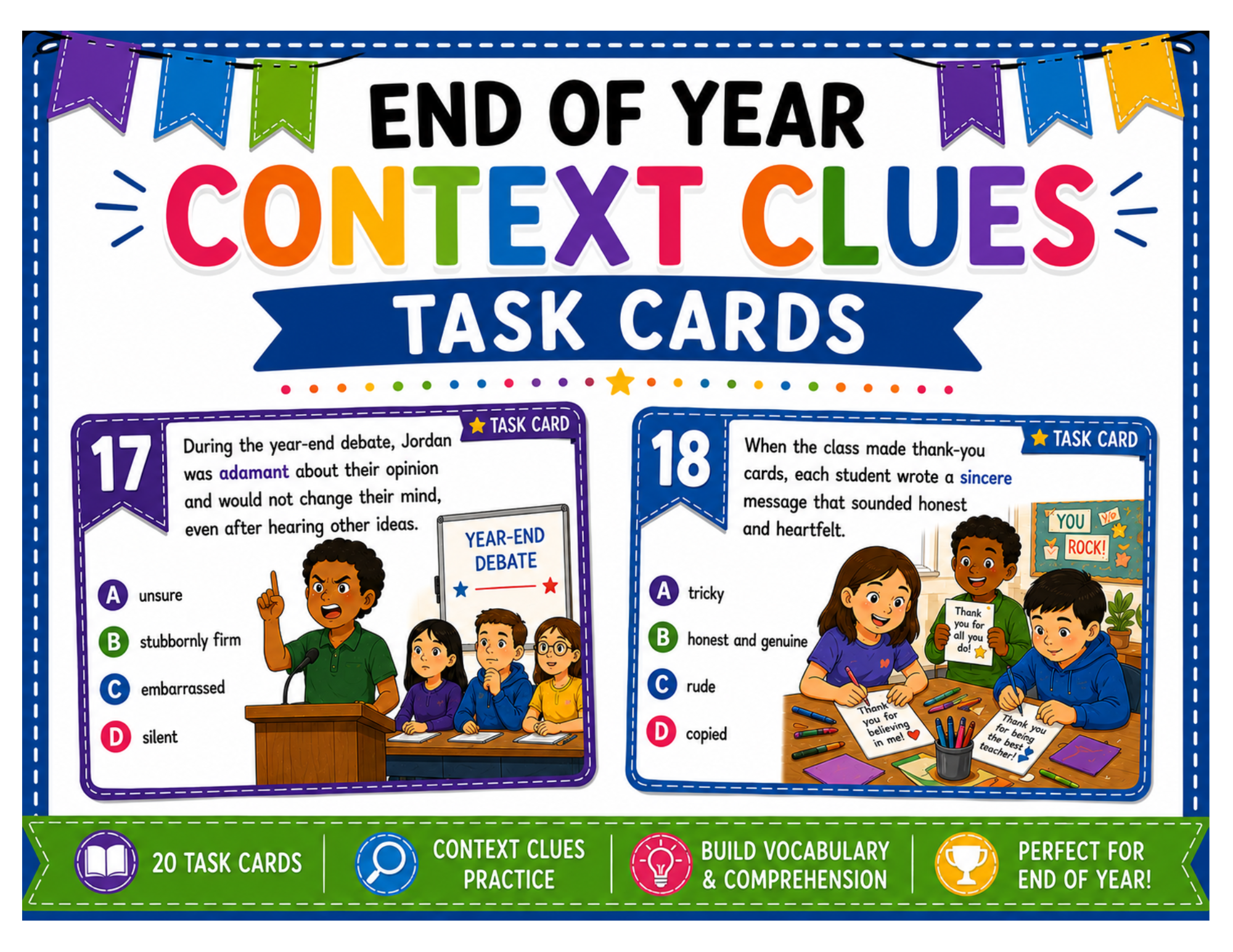 Make end-of-year review fun, engaging, and meaningful with these 5th Grade Context Clues End of Year Reading Task Cards Vocabulary Activity! Designed for 5th Grade students, this resource helps learners practice using context clues to determine the m