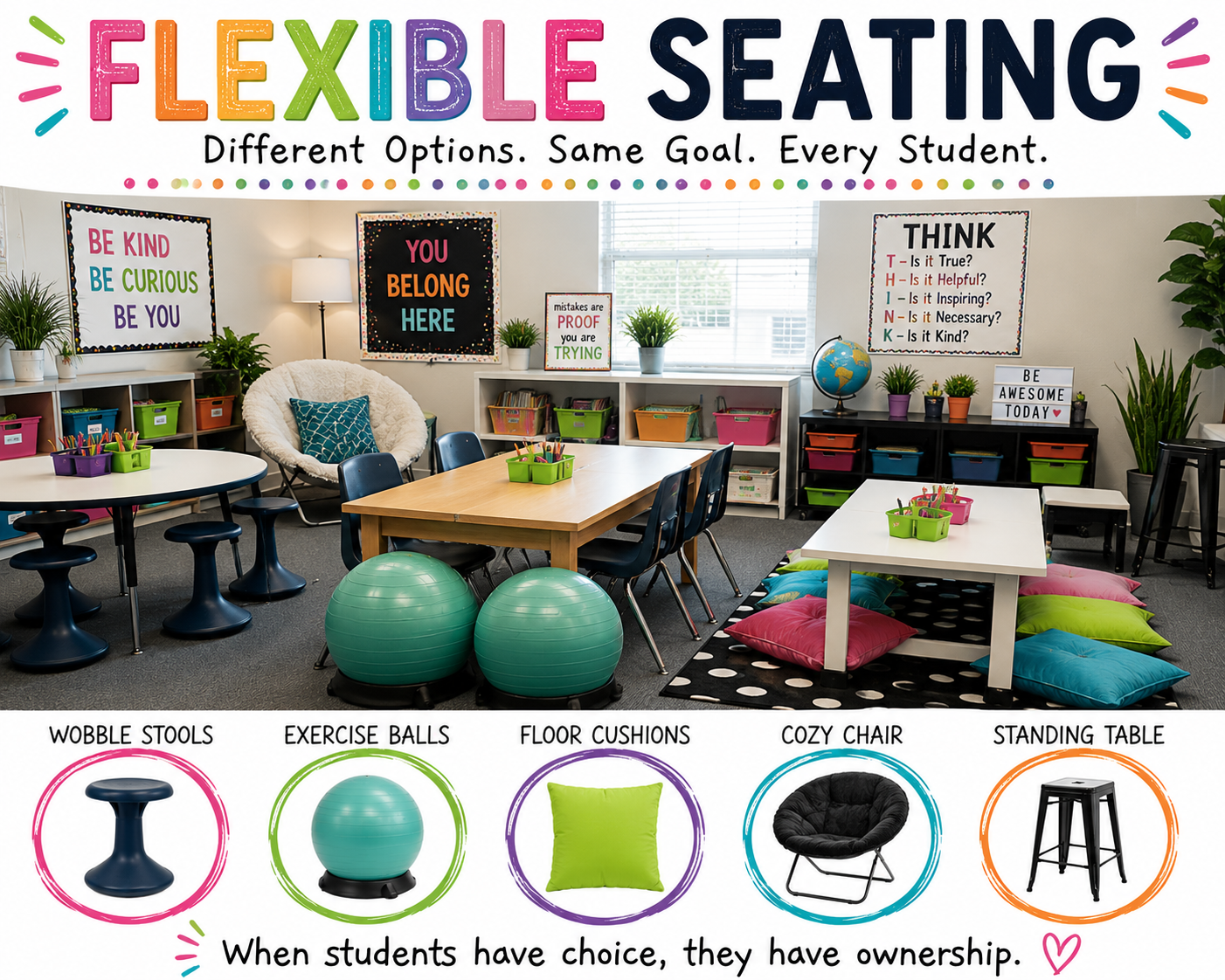Flexible Seating Options in a Colorful 5th Grade Classroom with Wobble Stools, Floor Cushions, Exercise Balls, and Standing Desk