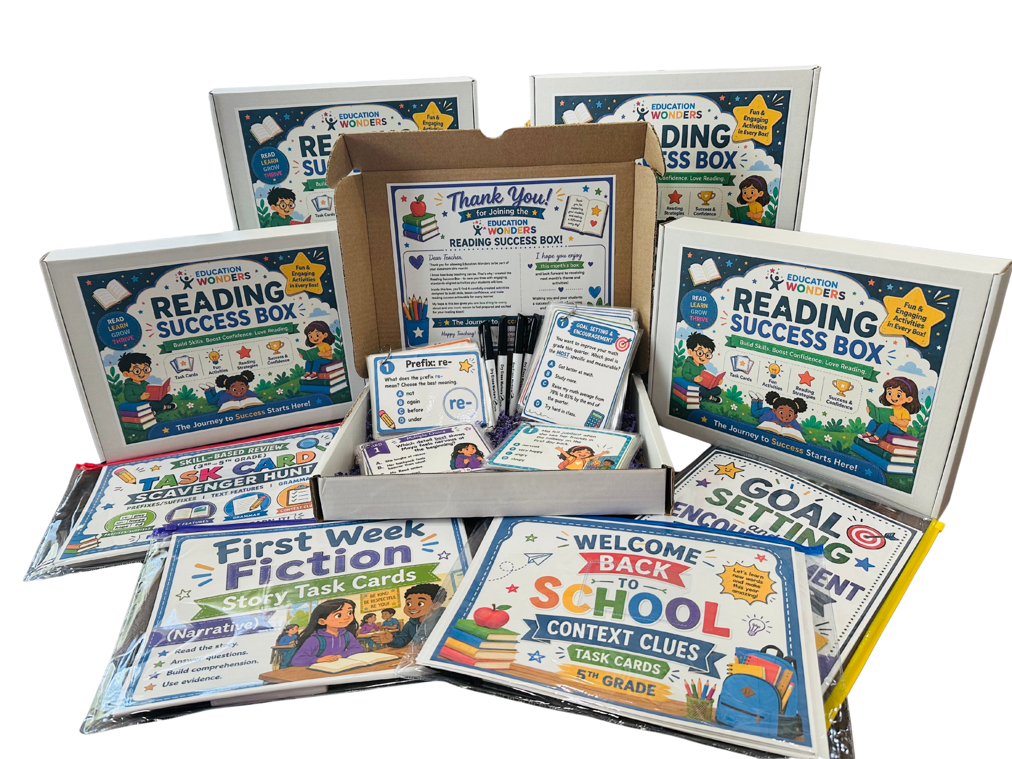 The Education Wonders Reading Success Box with 4 ready made activities, task cards and extra boxes.