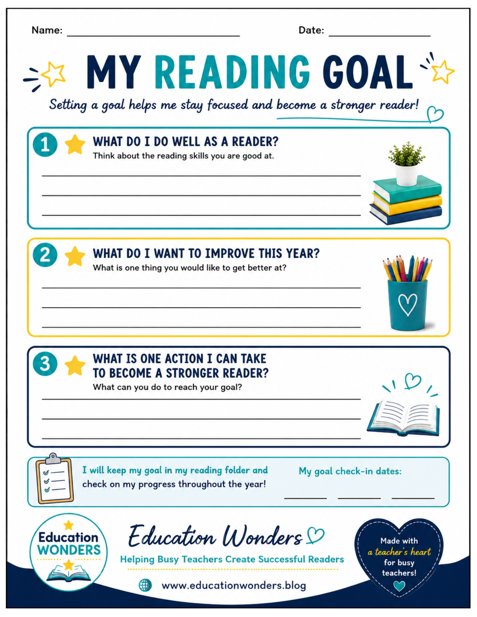 A colorful reading goal worksheet with sections for setting personal reading goals, improving skills, and actions to become a stronger reader. Features illustrations of a plant on a stack of books, a cup of pencils, and icons such as a book, checklist, and award ribbon, along with the website www.educationwonders.blog.