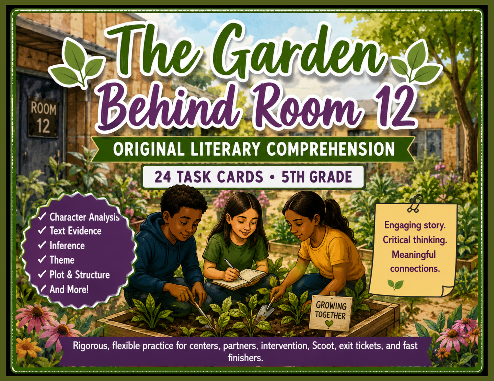 Illustration of three children working together in a garden with a sign that reads 'Growing Together' and a background of a garden with flowers and trees. The cover supports an educational resource titled 'The Garden Behind Room 12' for fifth grade students.