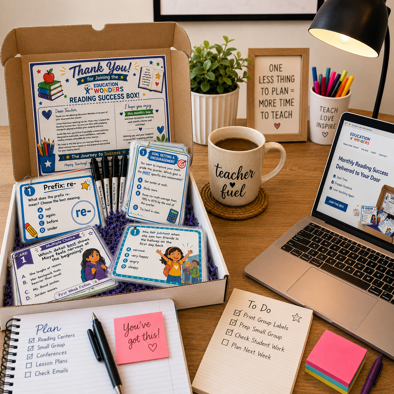 A desk setup for a teacher with educational materials, a laptop displaying a reading success program, a coffee mug labeled 'teacher fuel', a plant, and motivational signs including one that says 'One less thing to plan = More time to teach'. There are also colorful markers, sticky notes, and a to-do list.