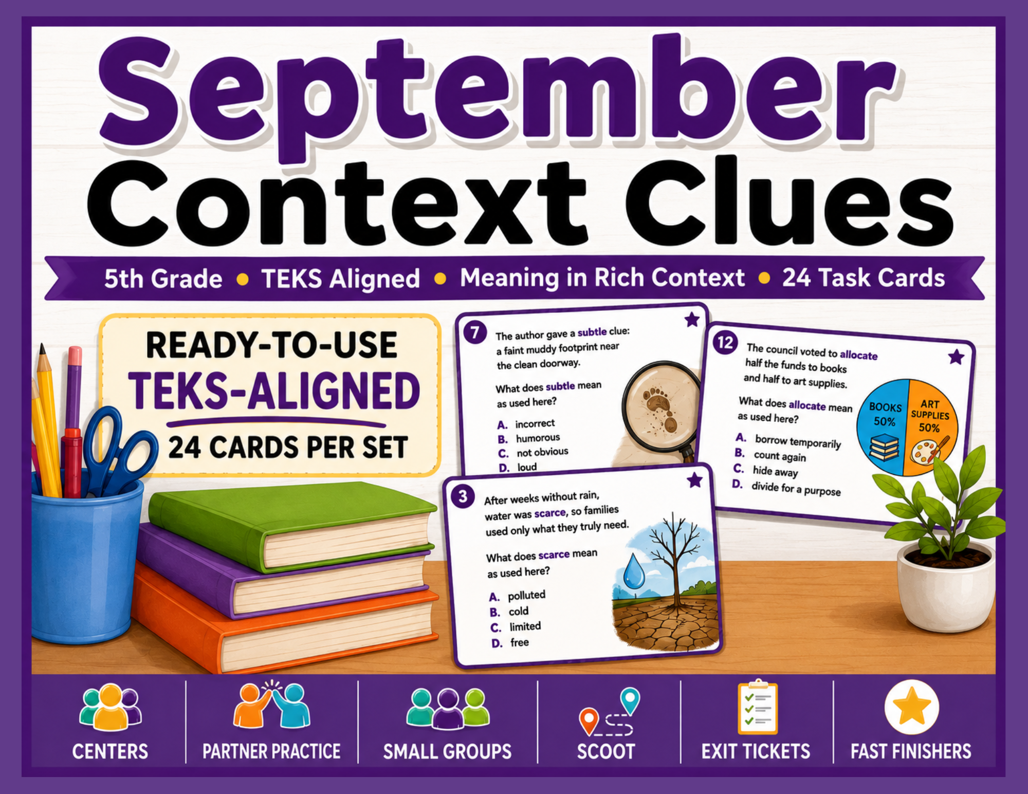 Colorful classroom educational poster titled 'September Context Clues' for 5th grade, featuring task cards, visual aids, and sections for center activities, partner practice, small groups, scoot game, exit tickets, and fast finishers.