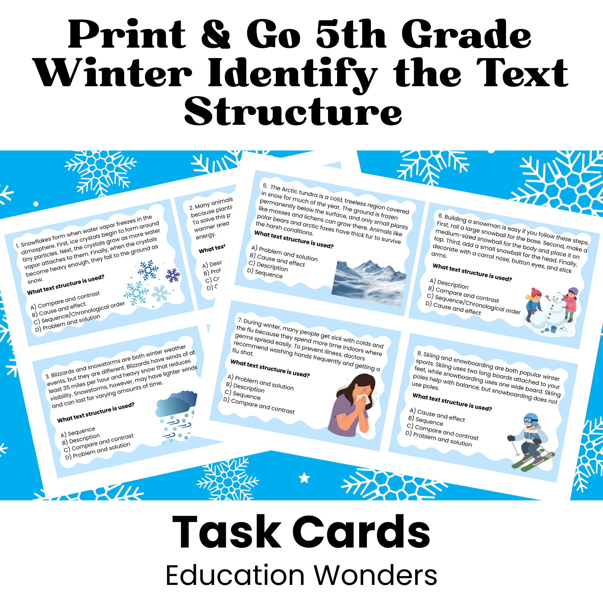 Help students confidently identify informational text structures while keeping learning meaningful and seasonal! These Winter-Themed Text Structure Task Cards are designed to make an essential comprehension skill clear, engaging, and manageable—perfe