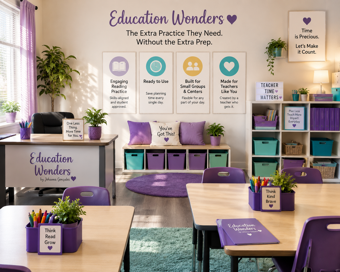 Classroom decorated with purple and green accents, shelves with bins, a desk with a purple container of colored pens, purple chairs, and motivational posters about education and teaching.