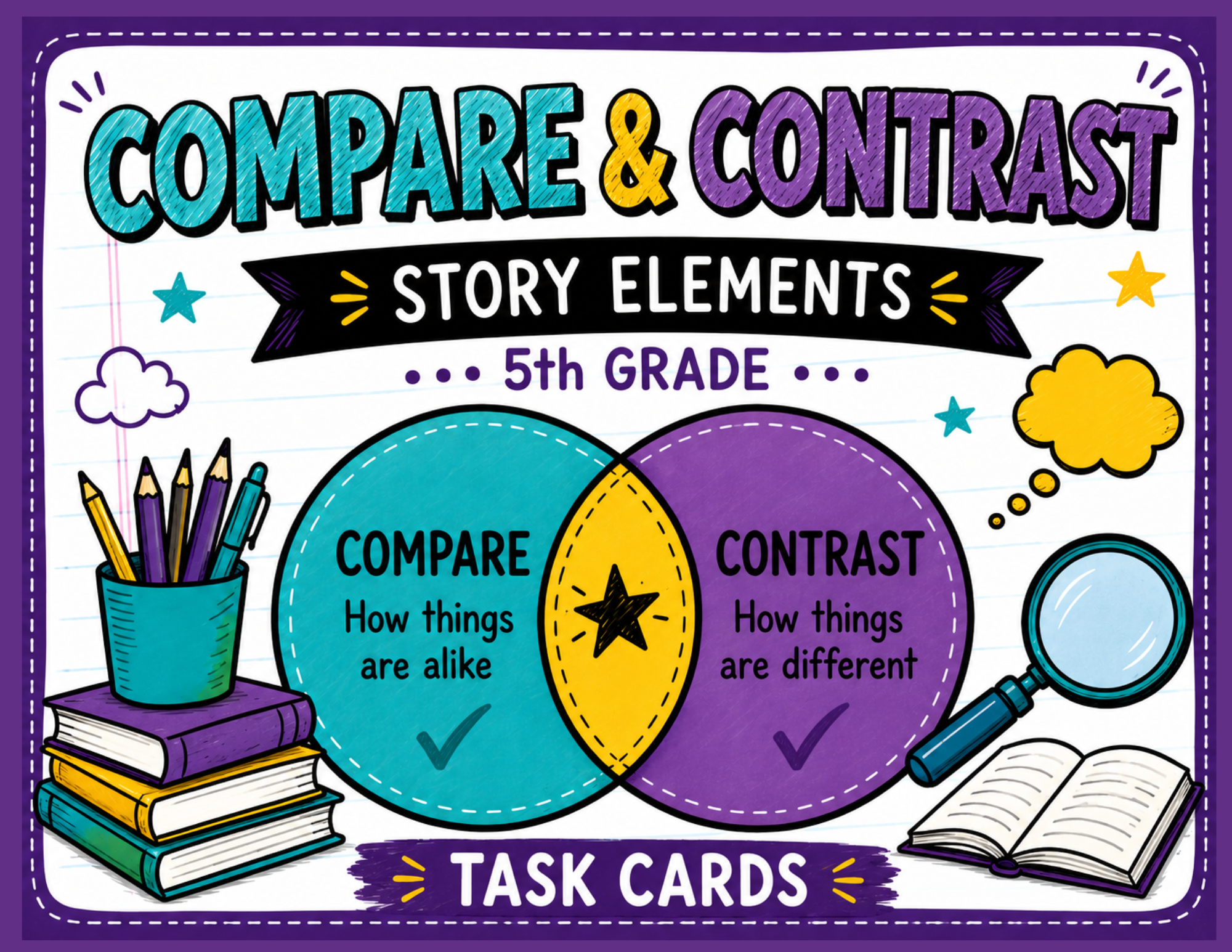 Colorful educational task cards cover about compare and contrast story elements, featuring illustrations of books, a magnifying glass, pencils, and clouds on a purple background.