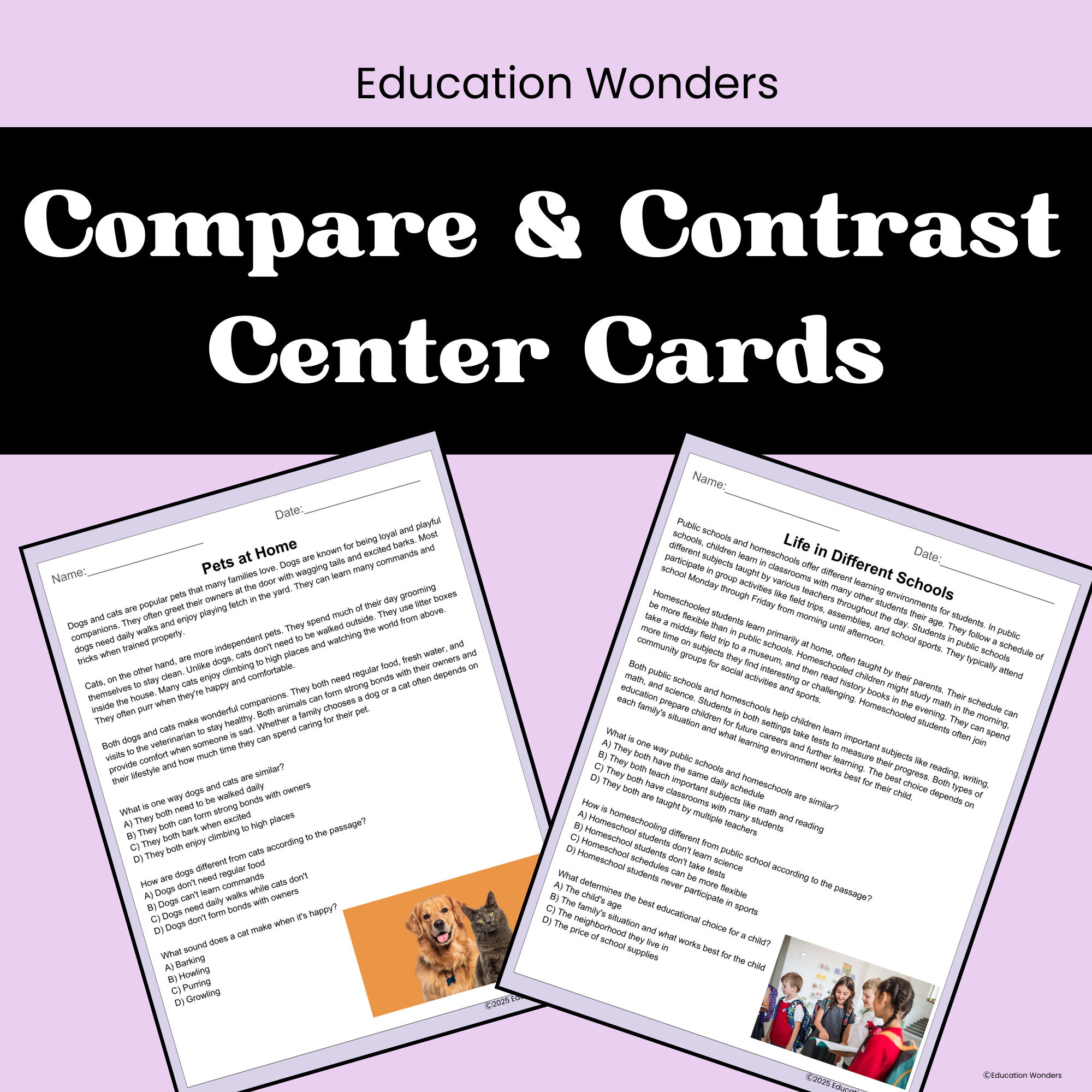 Help your students strengthen their reading comprehension with these engaging Compare and Contrast Passages designed for Grades 3–5! This resource includes 5 original reading passages, each paired with 3 comprehension questions that guide students to