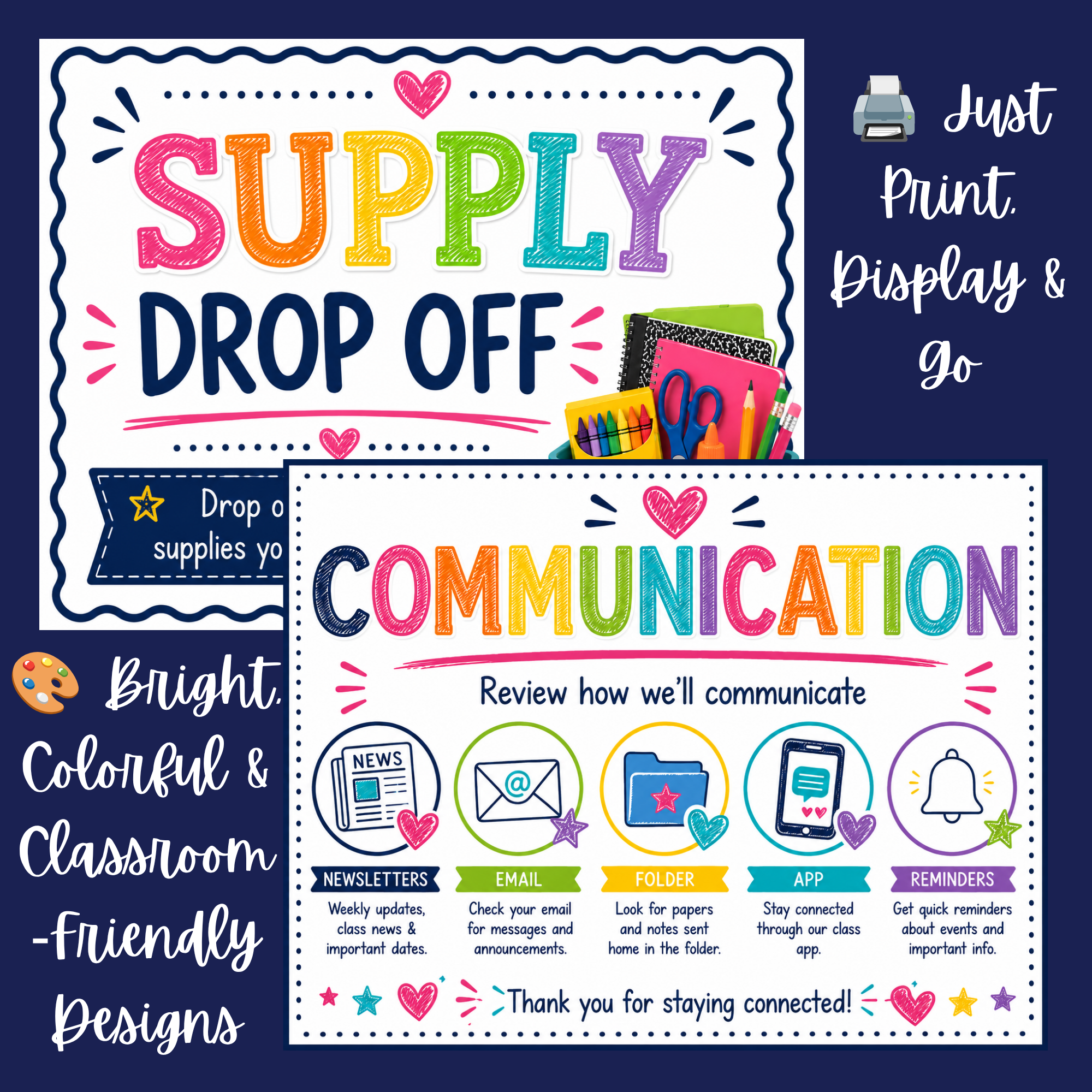 A colorful school communication display with various notices about newsletters, emails, folders, apps, and reminders, decorated with hearts, stars, and fun icons.