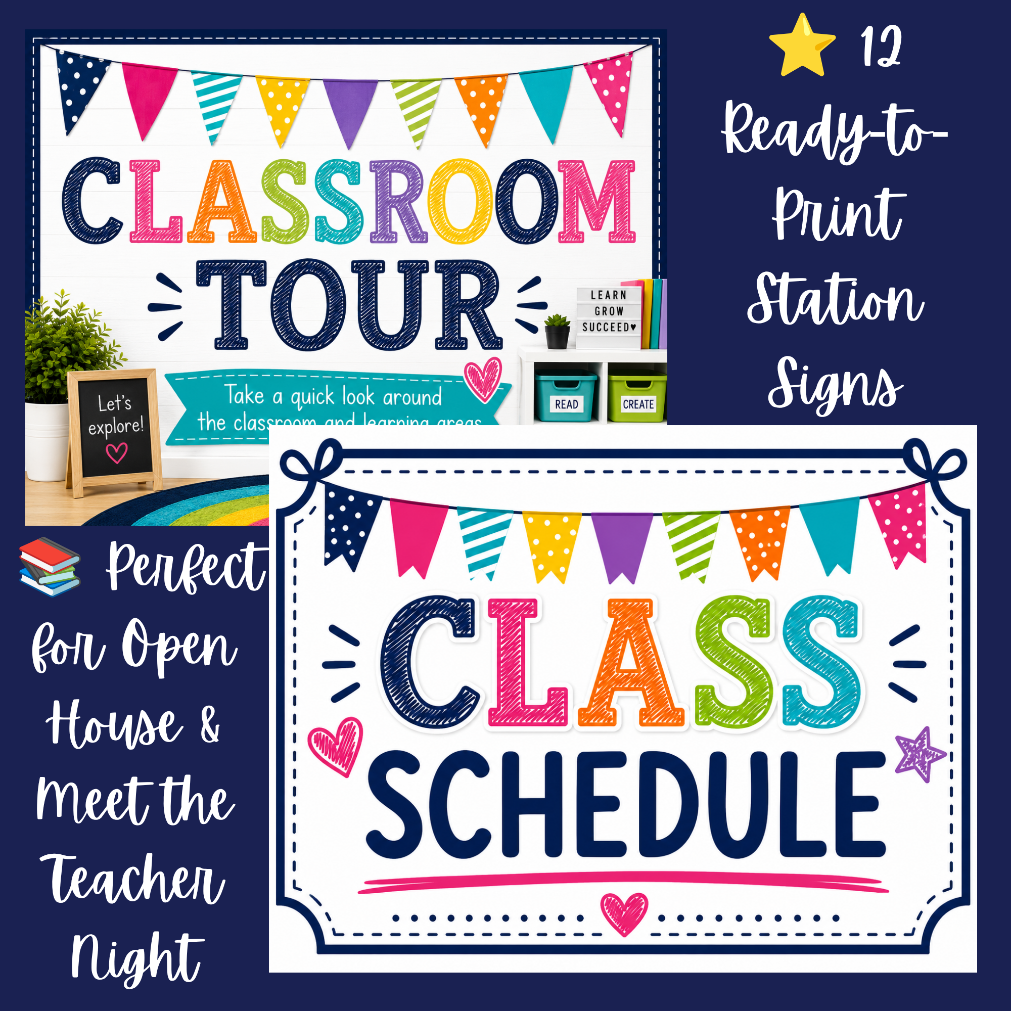 Decorative classroom schedule poster with colorful pennant banners, plants, books, and icons, listing activities such as explore, teacher, pending, perfect, for open house, and meet the teacher.