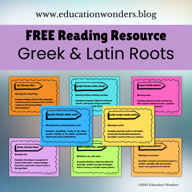 A colorful educational poster promoting free resources for learning Greek and Latin roots, with definitions and examples for words like biography, graph, aqua, psych, scrib, chron, dict, and port.