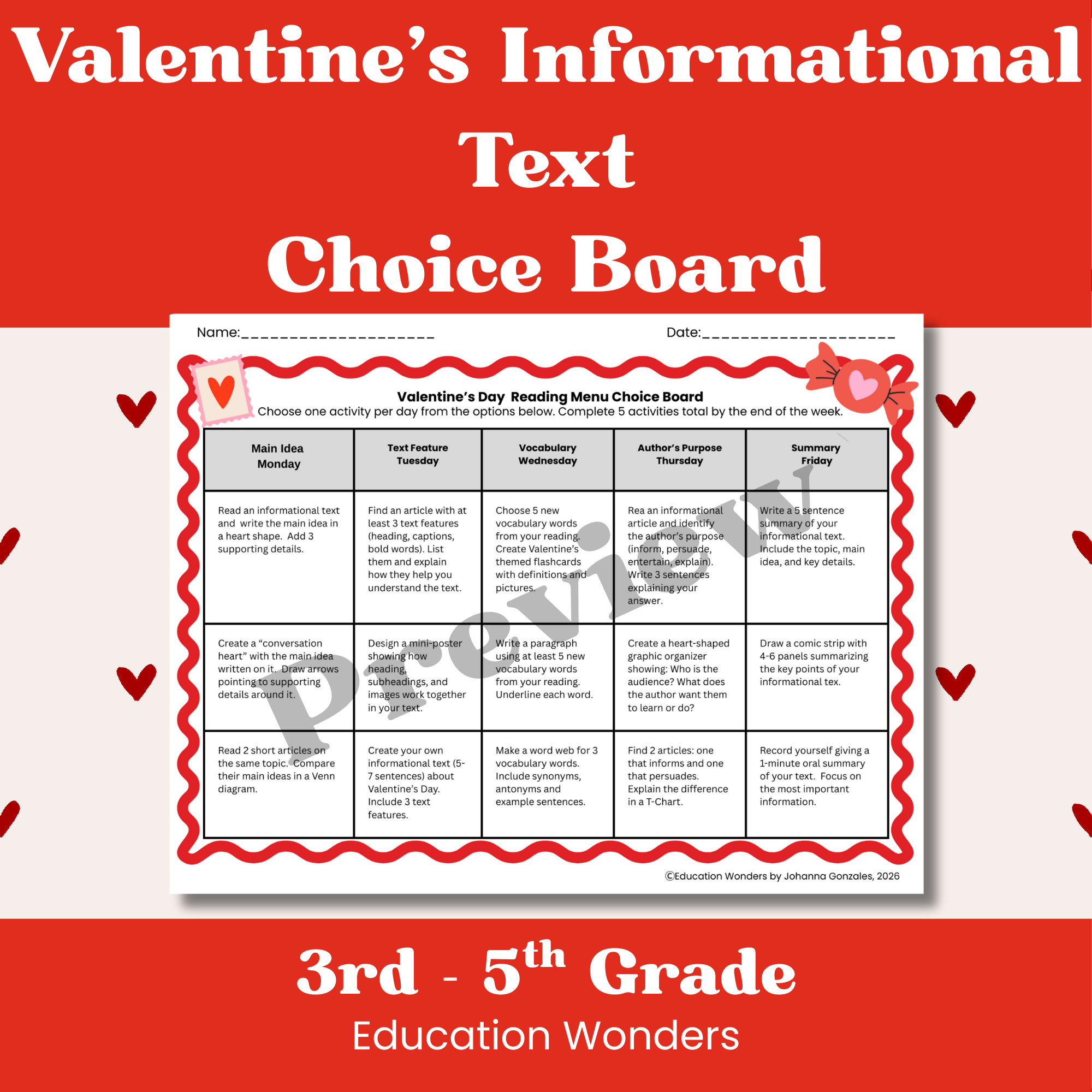 Make Valentine’s Day meaningful and instructional with this Valentine’s informational text choice board designed to strengthen key reading comprehension skills while giving students engaging daily structure and choice.

This resource includes 15 menu