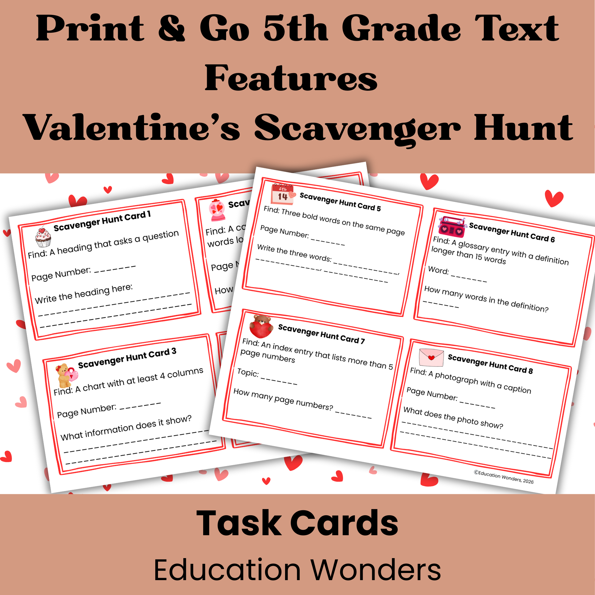 Bring engagement and movement into your classroom this Valentine’s Day with these Print-and-Go 5th Grade Text Feature Valentine's Scavenger Hunt Task Cards! This interactive resource helps students identify and analyze text features while participati