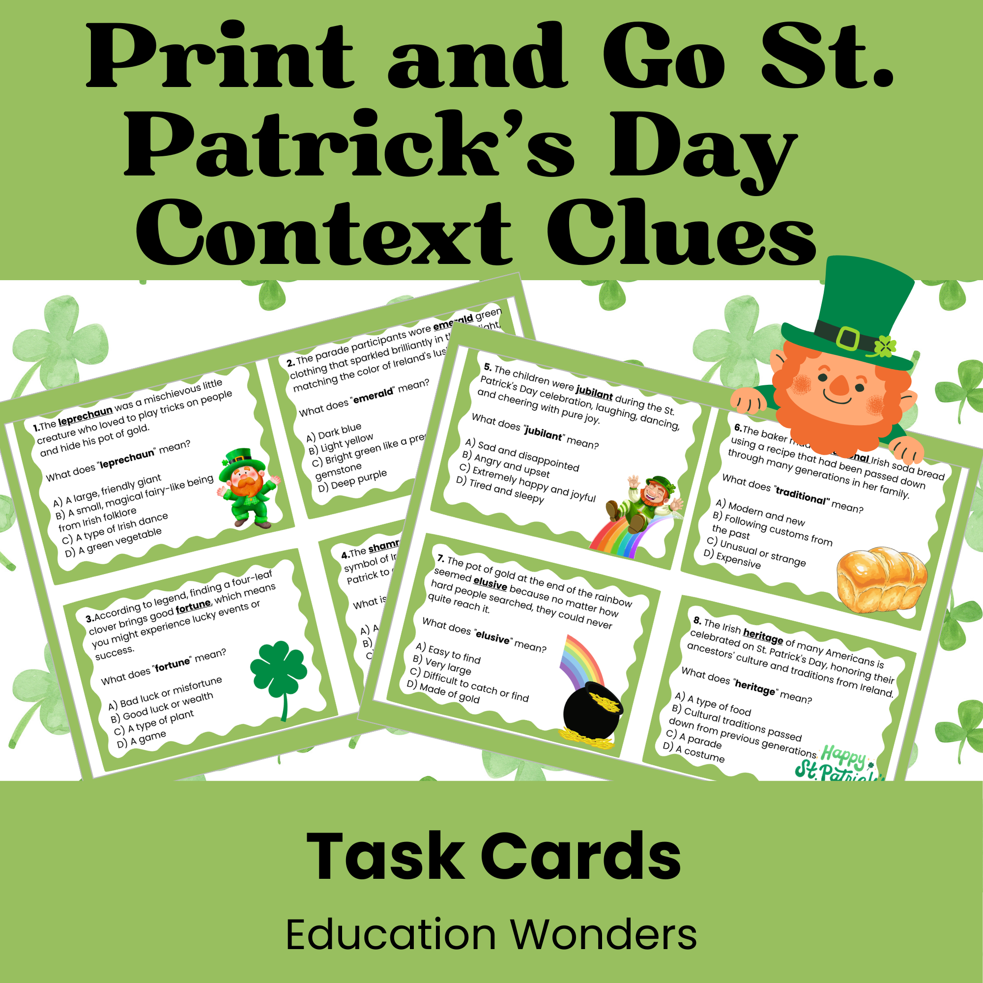 Make vocabulary practice fun and engaging this March with these St. Patrick’s Day Context Clues Task Cards! Designed for upper elementary students, this resource helps learners use context clues to determine the meaning of unfamiliar words — all with