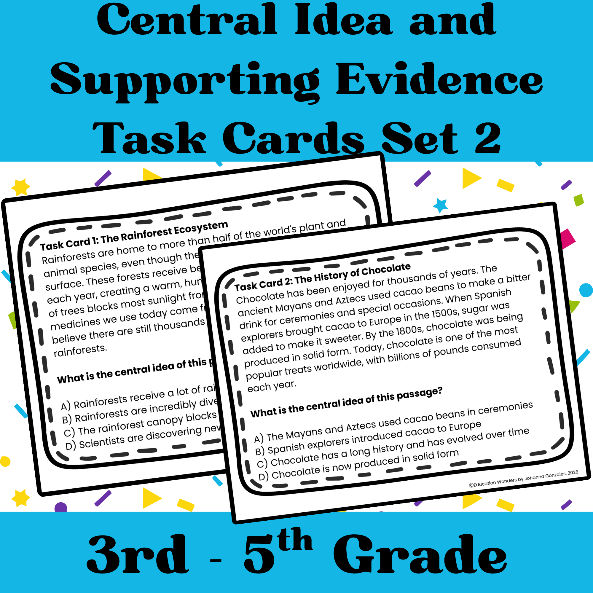 Central Idea Supporting Evidence Nonfiction Reading Task Cards Grade 3-5