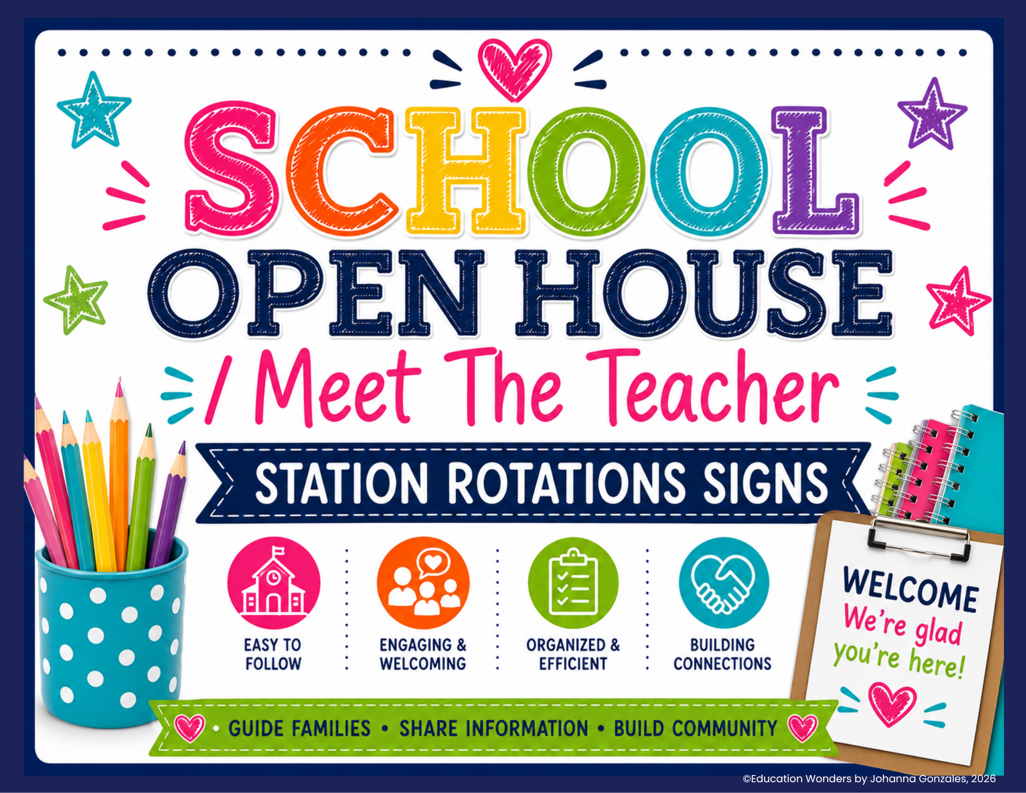 Colorful flyer for a school open house featuring vibrant text and graphics. The main text reads 'SCHOOL OPEN HOUSE' followed by smaller text 'Meet The Teacher' and icons representing various school-related topics. The flyer includes a pot of colored 