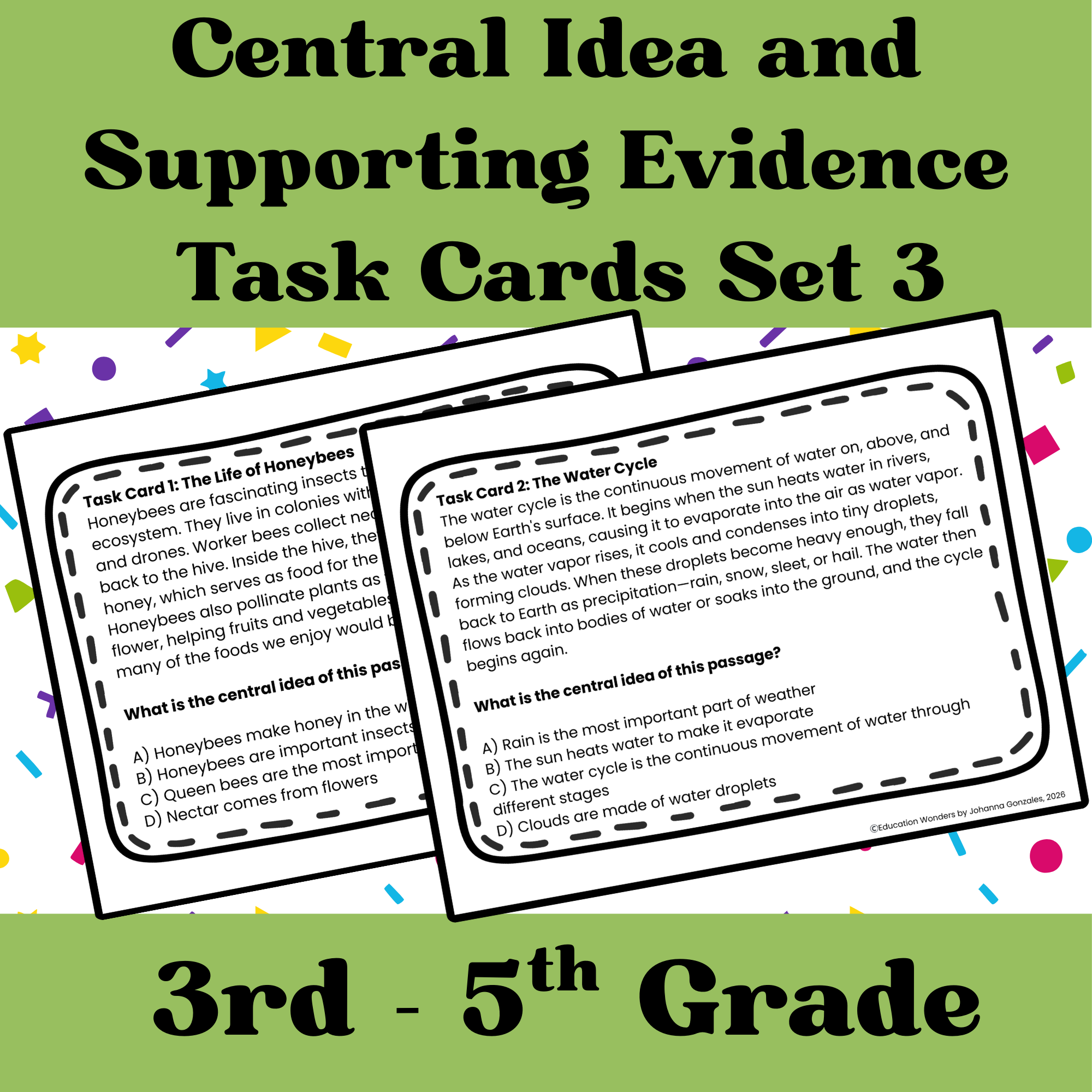 Central Idea Supporting Evidence Nonfiction Reading Task Cards Grades 3-5