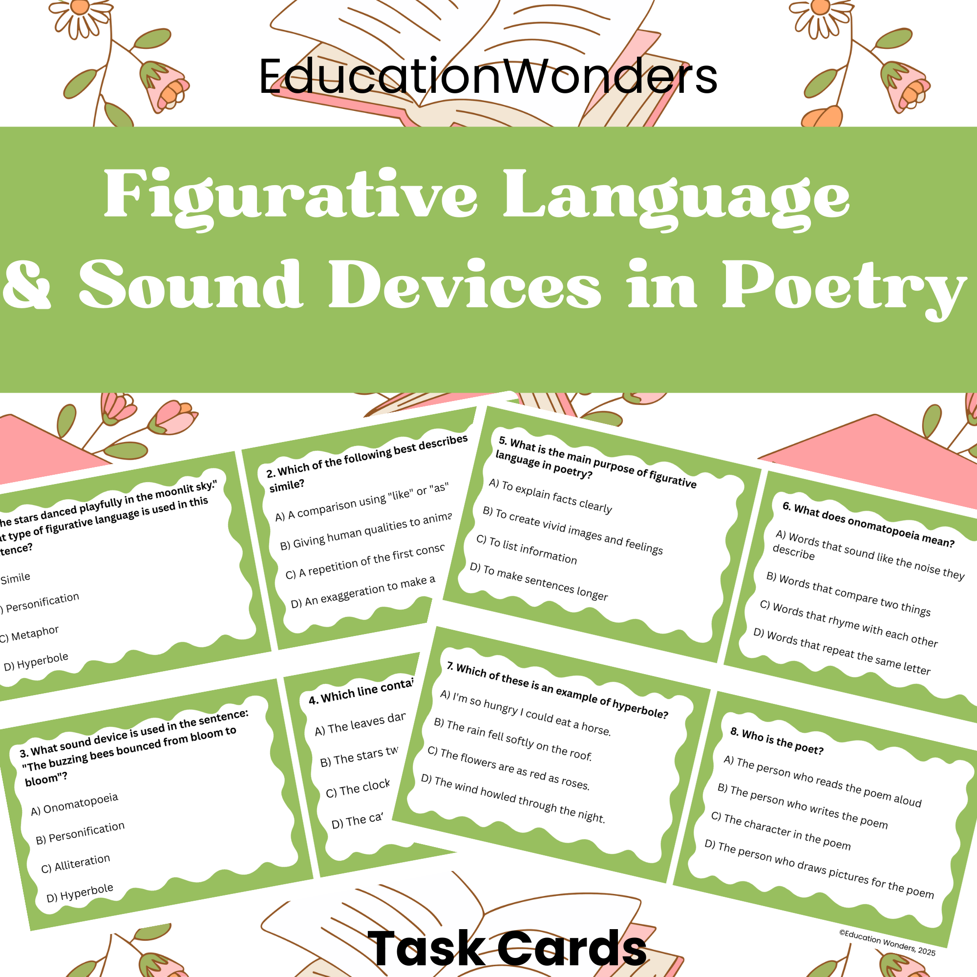 Help your 5th graders master poetry analysis with this engaging set of Figurative Language & Sound Devices in Poetry Task Cards!
Aligned with TEKS 5.9(B), these cards guide students to explain the use of sound devices and figurative language and dist