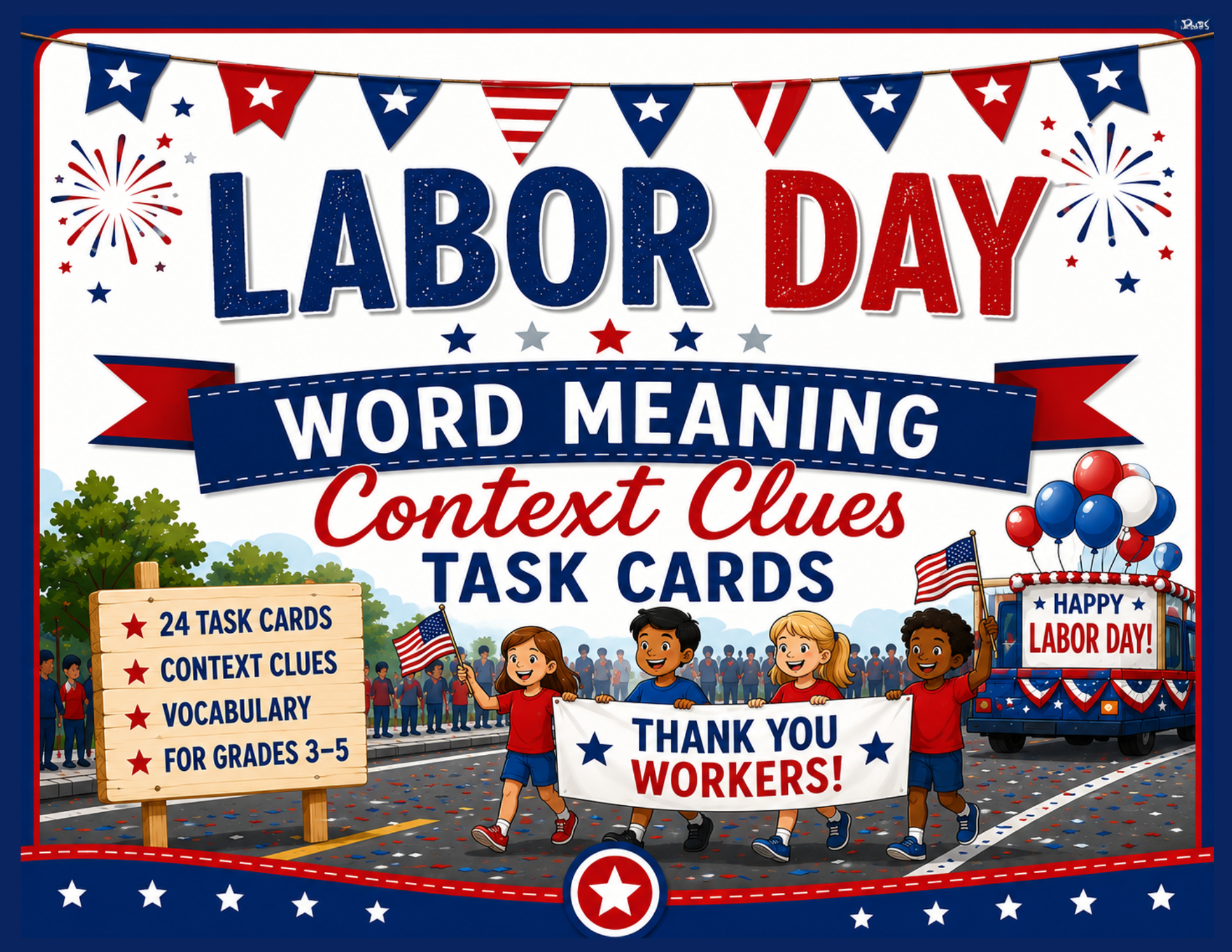 Colorful parade scene with children holding a thank you banner for workers, American flags, and red, white, and blue decorations celebrating Labor Day.