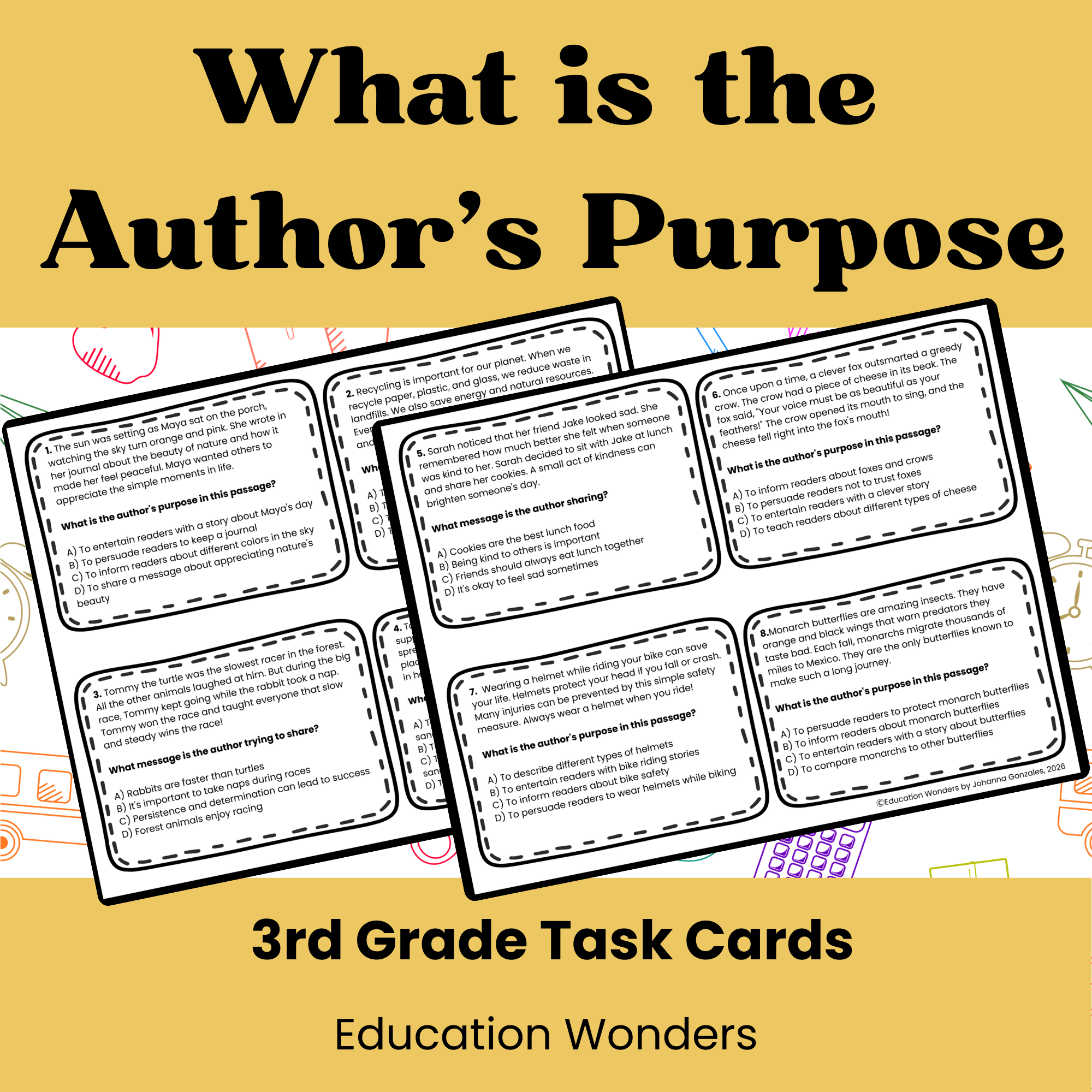 Cover image for third grade task cards titled "What is the author's purpose" with sample task cards and colorful school supplies background.